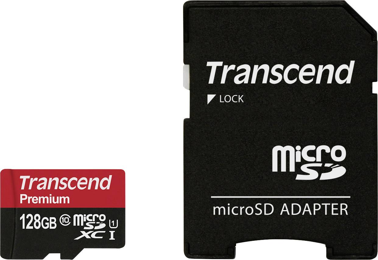 'Transcend Premium' 128GB microSD card with adapter, suitable for high-resolution video recording and rapid data transfer.