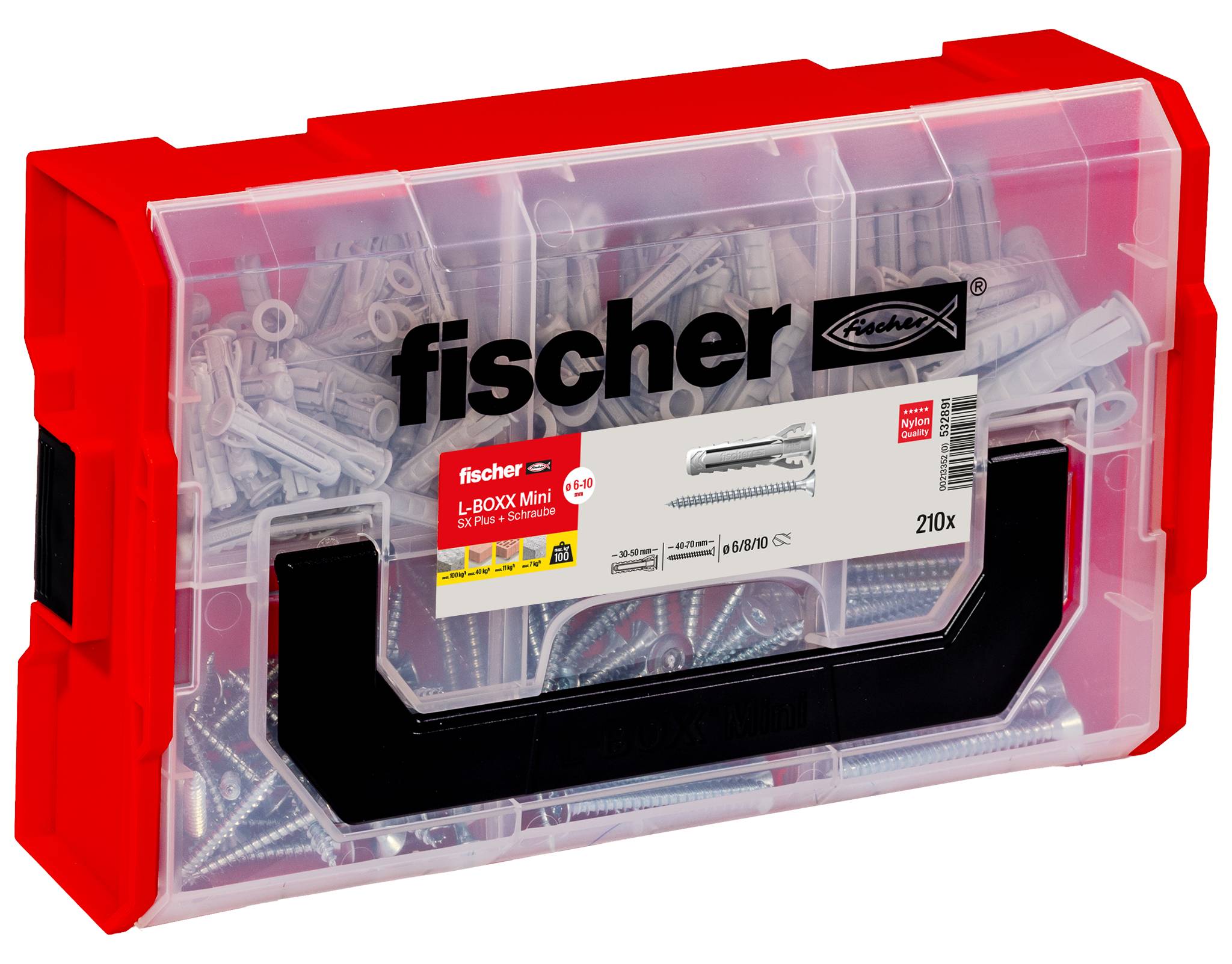 Transparent plastic box with red sides, filled with various screws and wall plugs by the brand 'fischer', model designation 'L-Boxx Mini'.