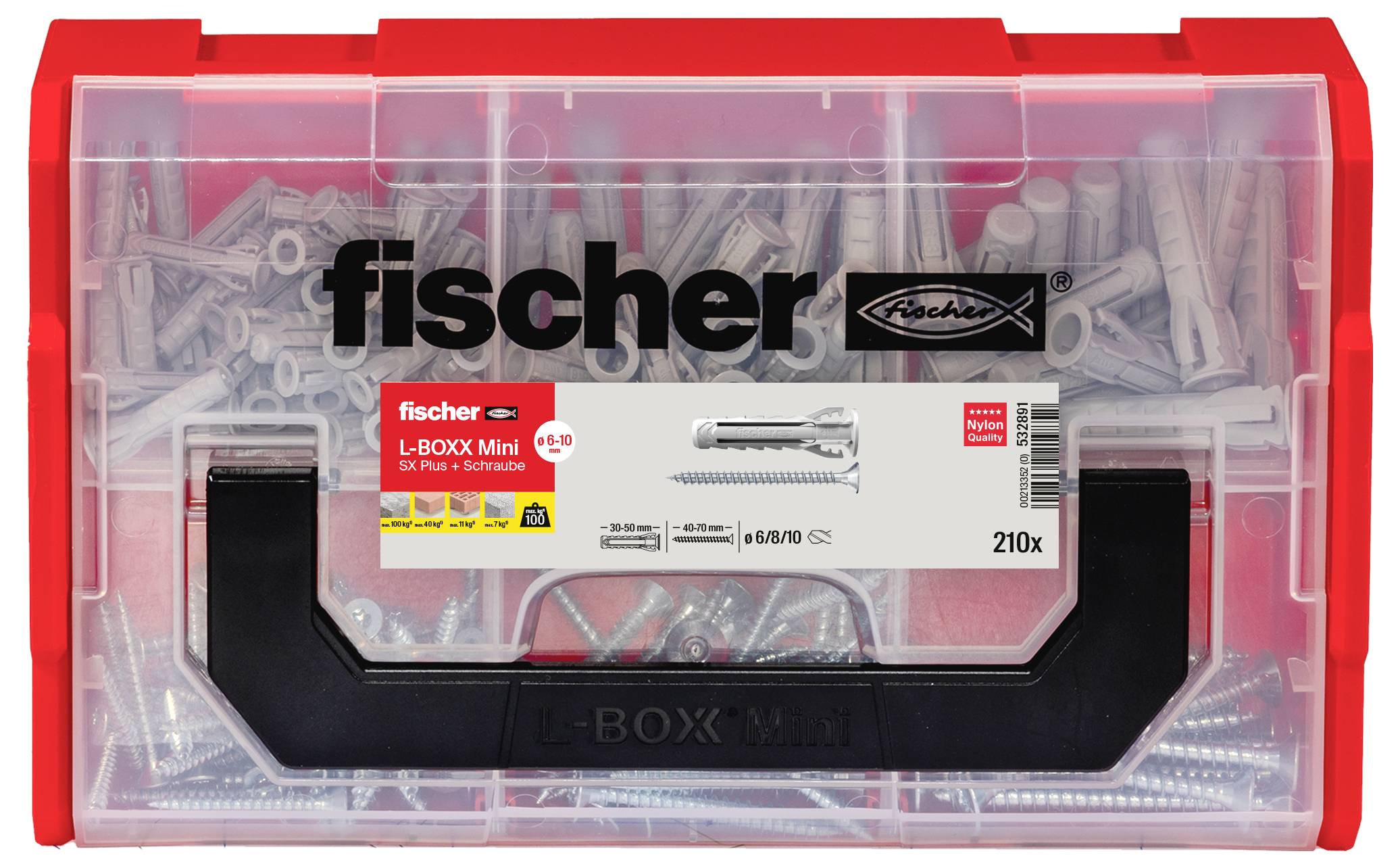 A red Fischer L-BOXX Mini containing 210 wall plugs and screws, visible through the transparent lid. Perfect for fixing and mounting.