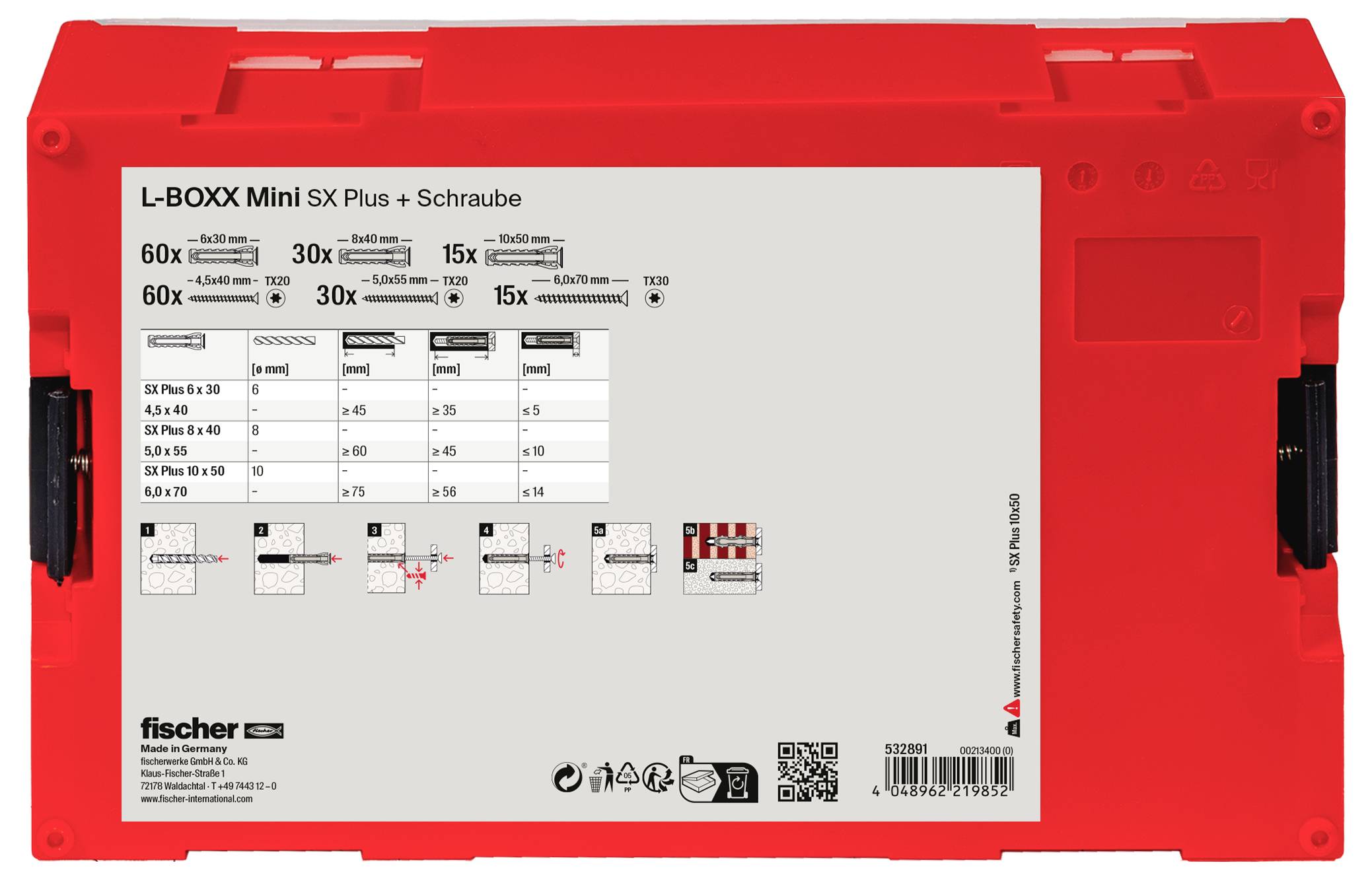 Red toolbox lid with label: L-BOXX Mini SX Plus + Screw. Contains 60x SX 5x25, 30x SX 6x30, 15x SX 8x40 wall plugs and matching screws.