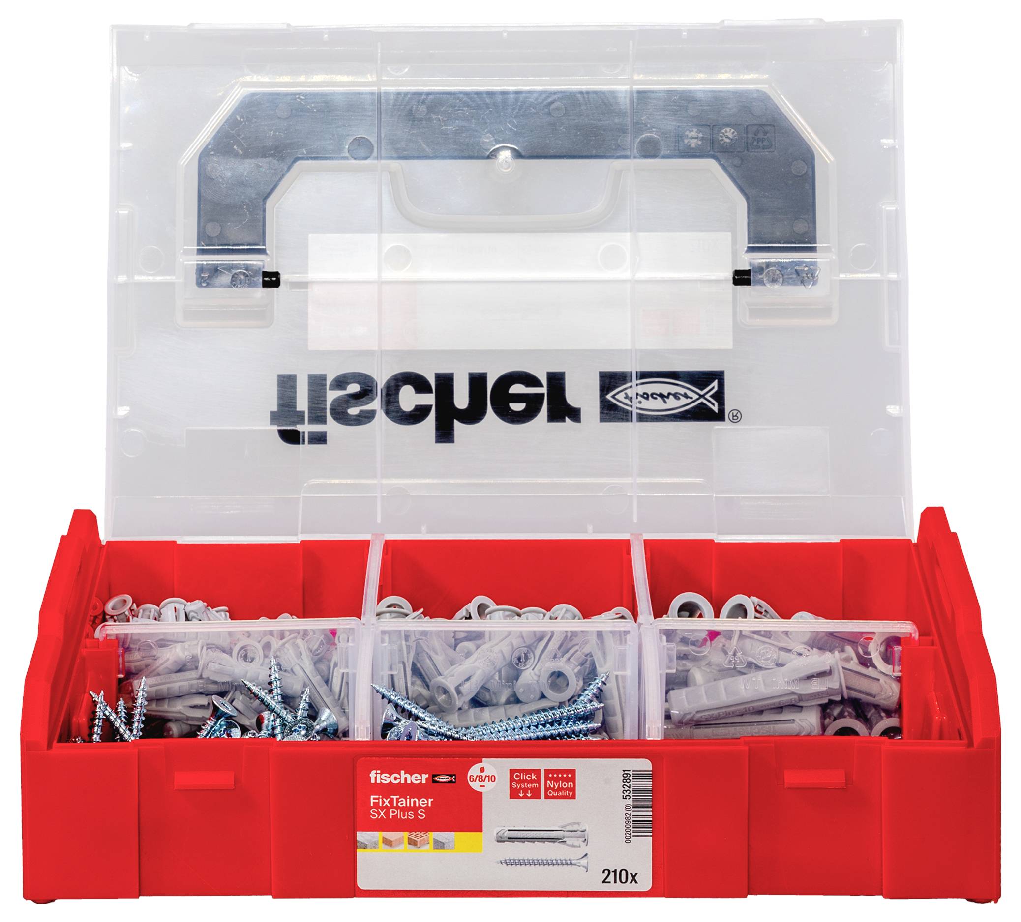 An opened red box containing various wall plugs and screws, sorted in separate compartments. 'Fischer' brand label on the packaging.