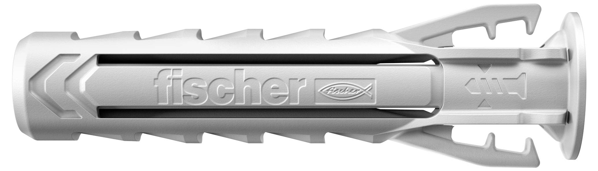 A white Fischer wall plug, suitable for solid materials such as concrete. Displays serrated edges for secure fixing.