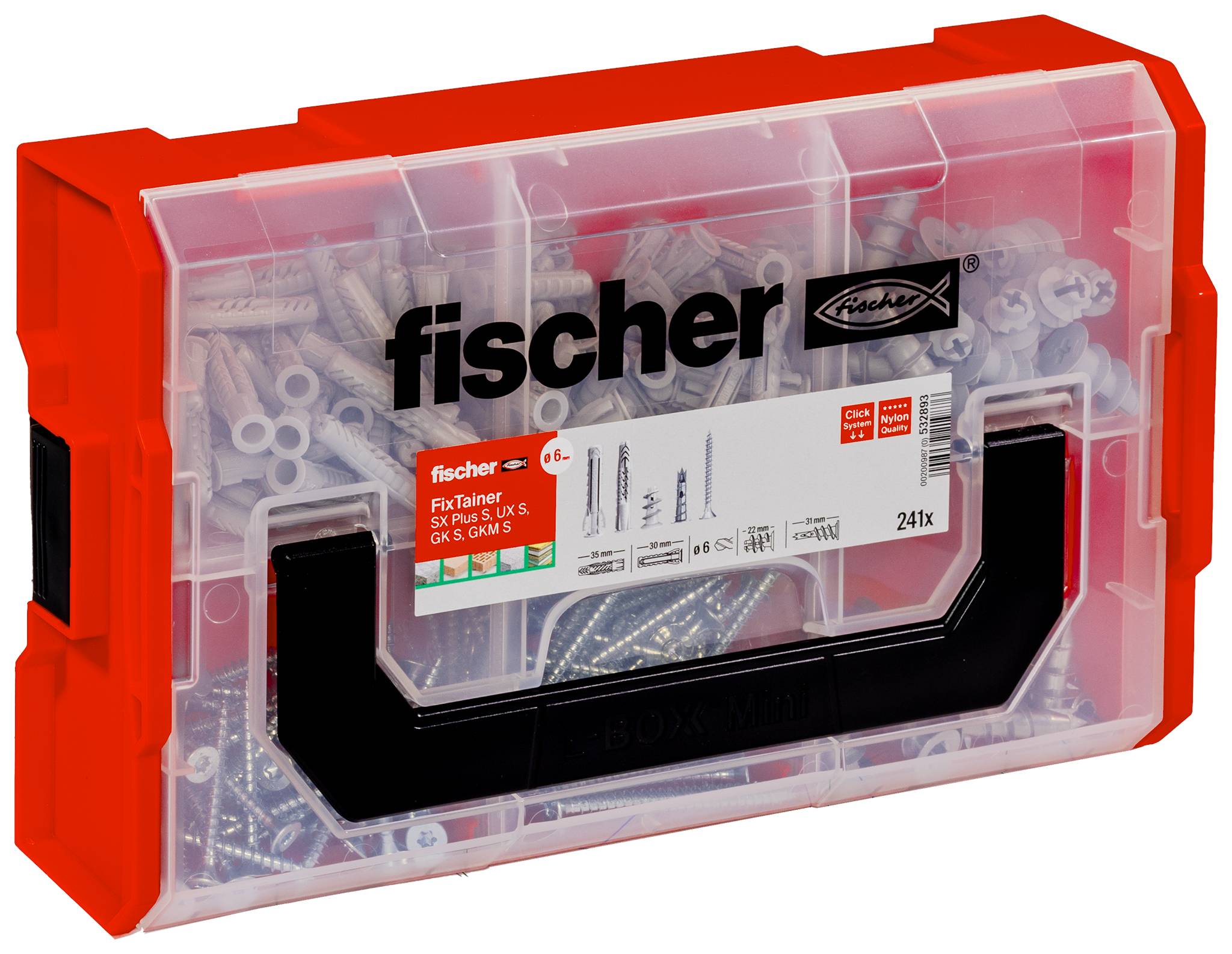 A red Fischer tool case, filled with various wall plugs and screws.