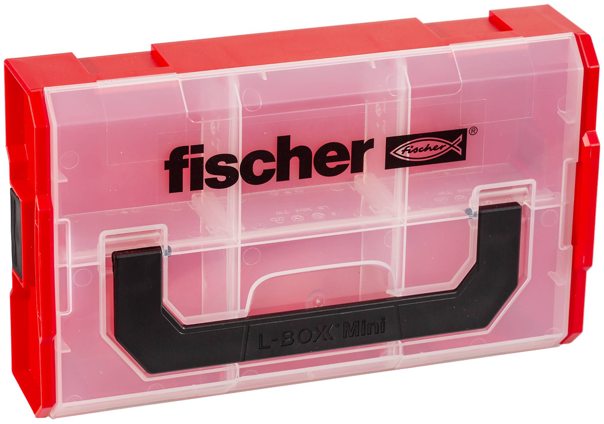 Transparent red Fischer L-Boxx Mini storage case with black handle and logo, shown closed on a white background.