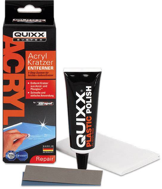 A tube of QUIXX Plastic Polish in front of a package labelled 'Acrylic Scratch Remover', with accompanying accessories lying beside it.