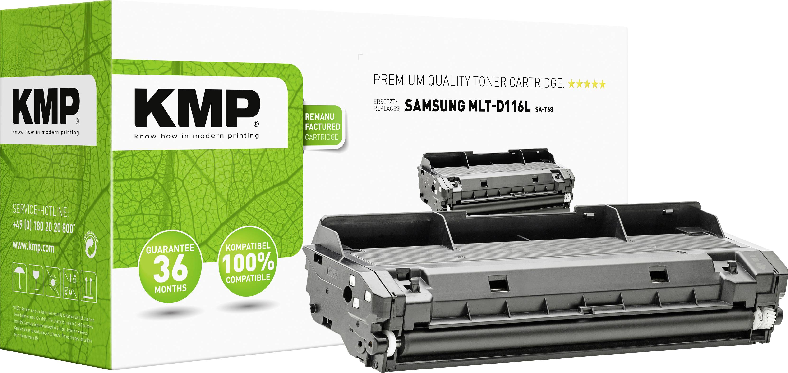 'KMP Toner Cartridge Samsung MLT-D116L' with packaging and cartridge. 36 months' warranty with 100% compatibility guaranteed.