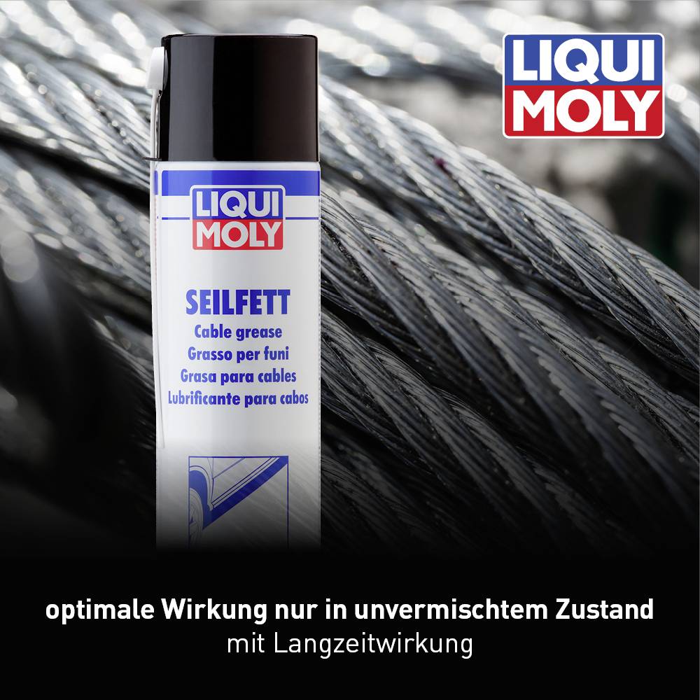 Rope Lubricant by LIQUI MOLY for lubricating ropes and cable systems. Text: 'optimal performance only in unmixed condition with long-lasting effect'. Ropes are visible in the background.