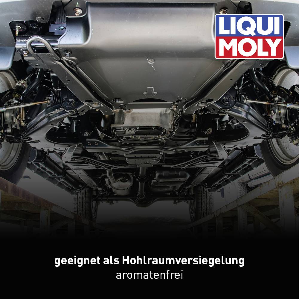 Underside of a car on a car lift, highlighted by a Liqui Moly product suitable for cavity sealing, free from aromatic compounds.