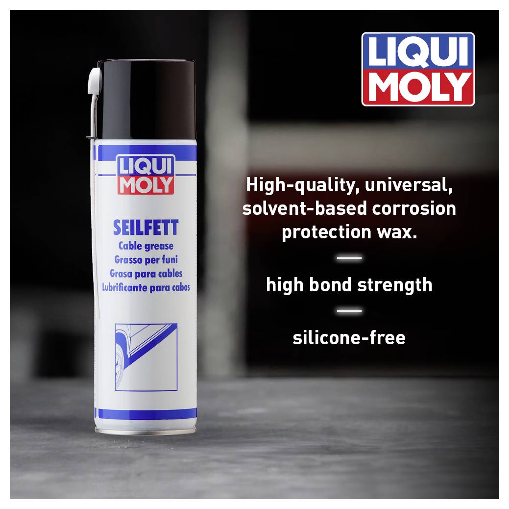 'LIQUI MOLY Wire Rope Grease' spray can against a blurred background. Text below: 'optimal effect only in unmixed condition with long-lasting effectiveness'.