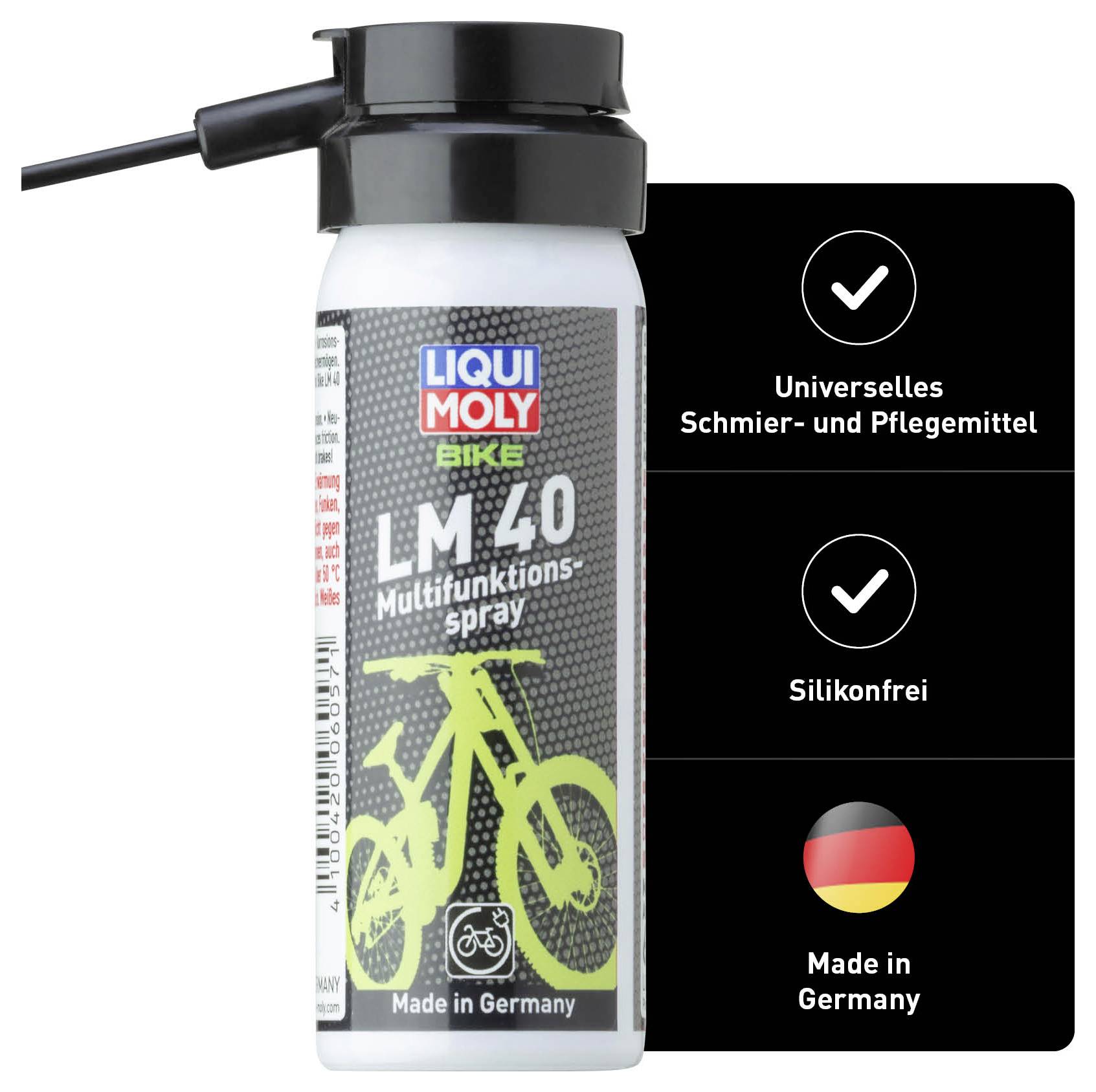 Multi-purpose spray 'LM 40' by Liqui Moly for bicycles. Universal lubricant and care product, silicone-free, manufactured in Germany.