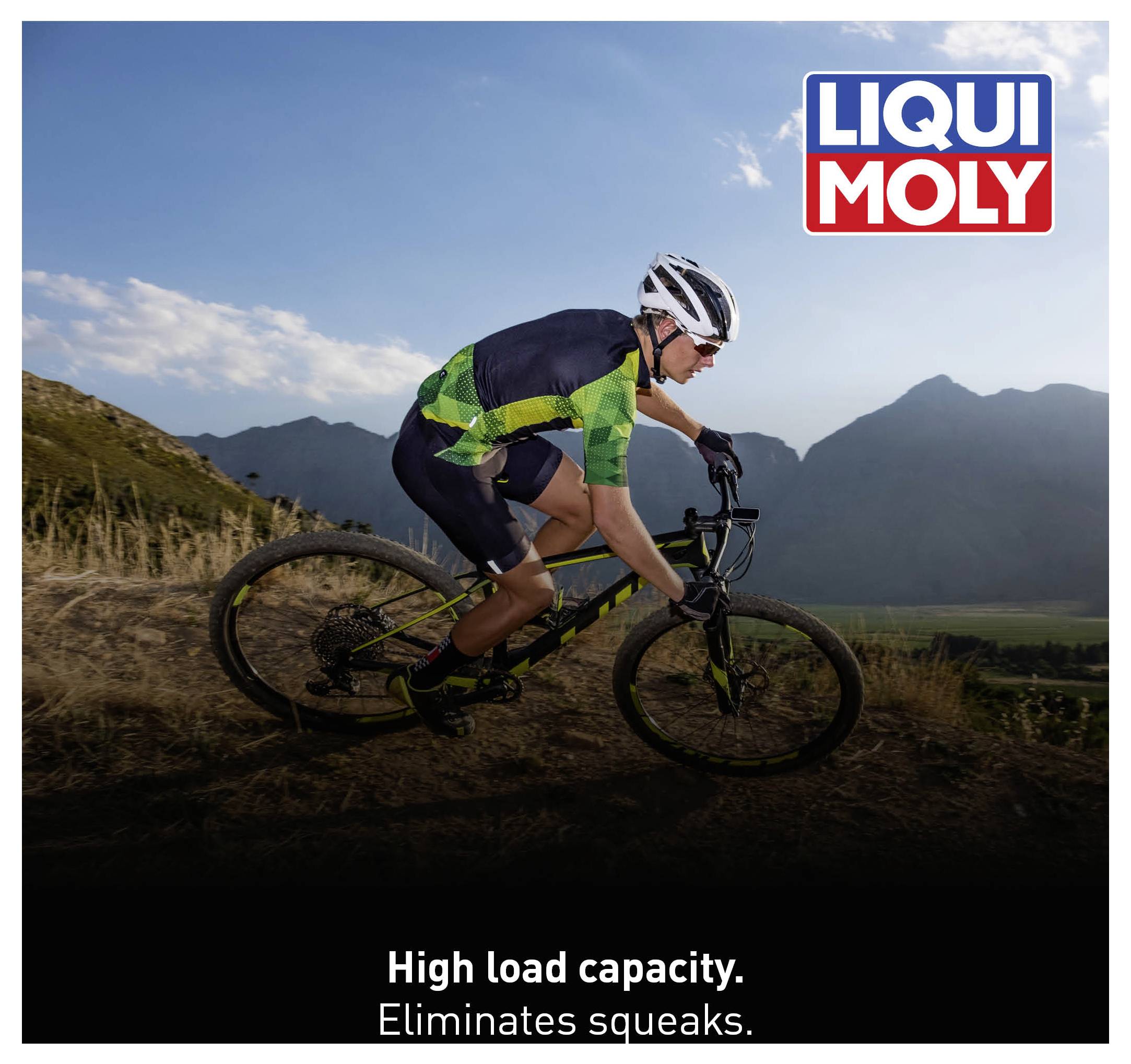 A cyclist in sports attire rides along a gravel path. The Liqui Moly logo is positioned in the top right. Text: 'High durability. Eliminates squeaking.'
