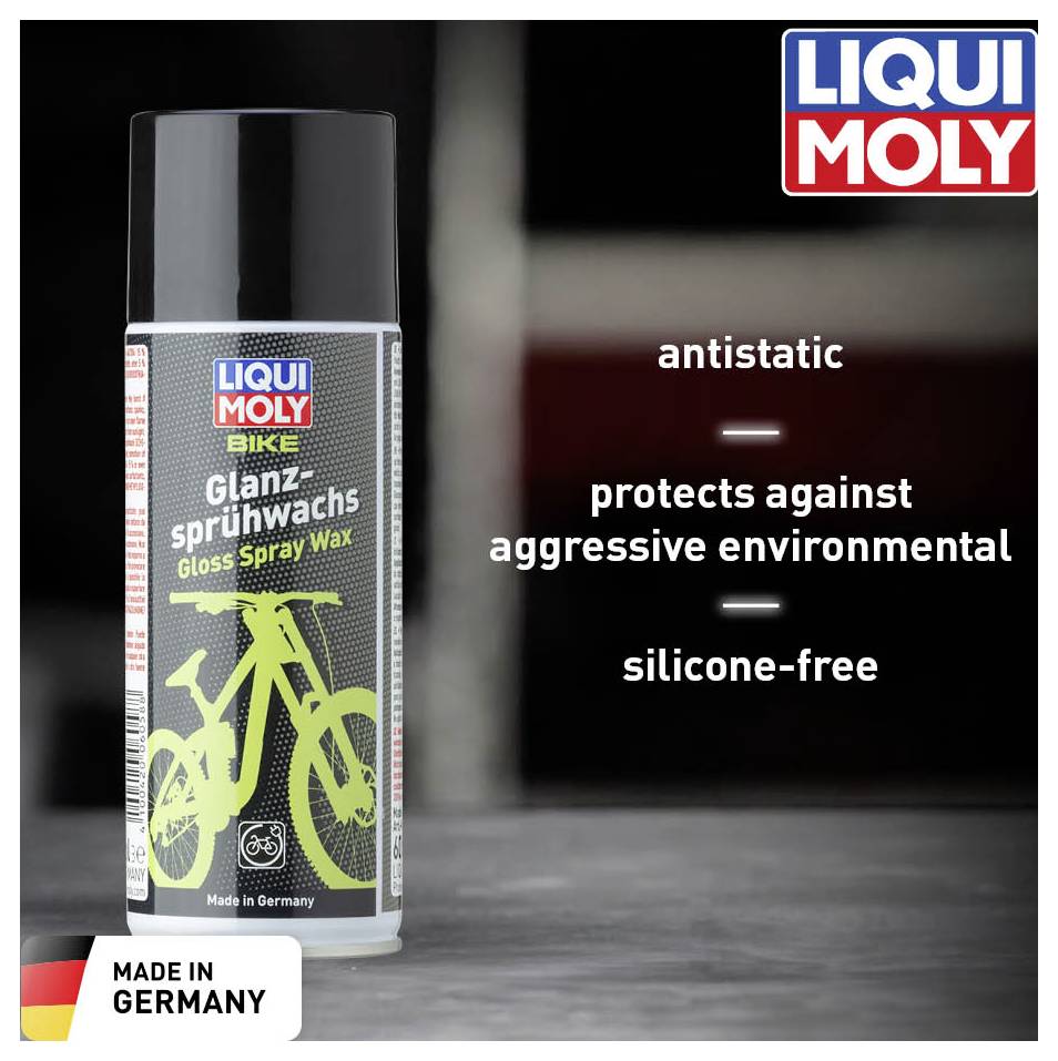 'LIQUI MOLY Glossy Spray Wax' spray can with bicycle illustration. Label: 'anti-static, protects against aggressive environmental influences, silicone-free.'