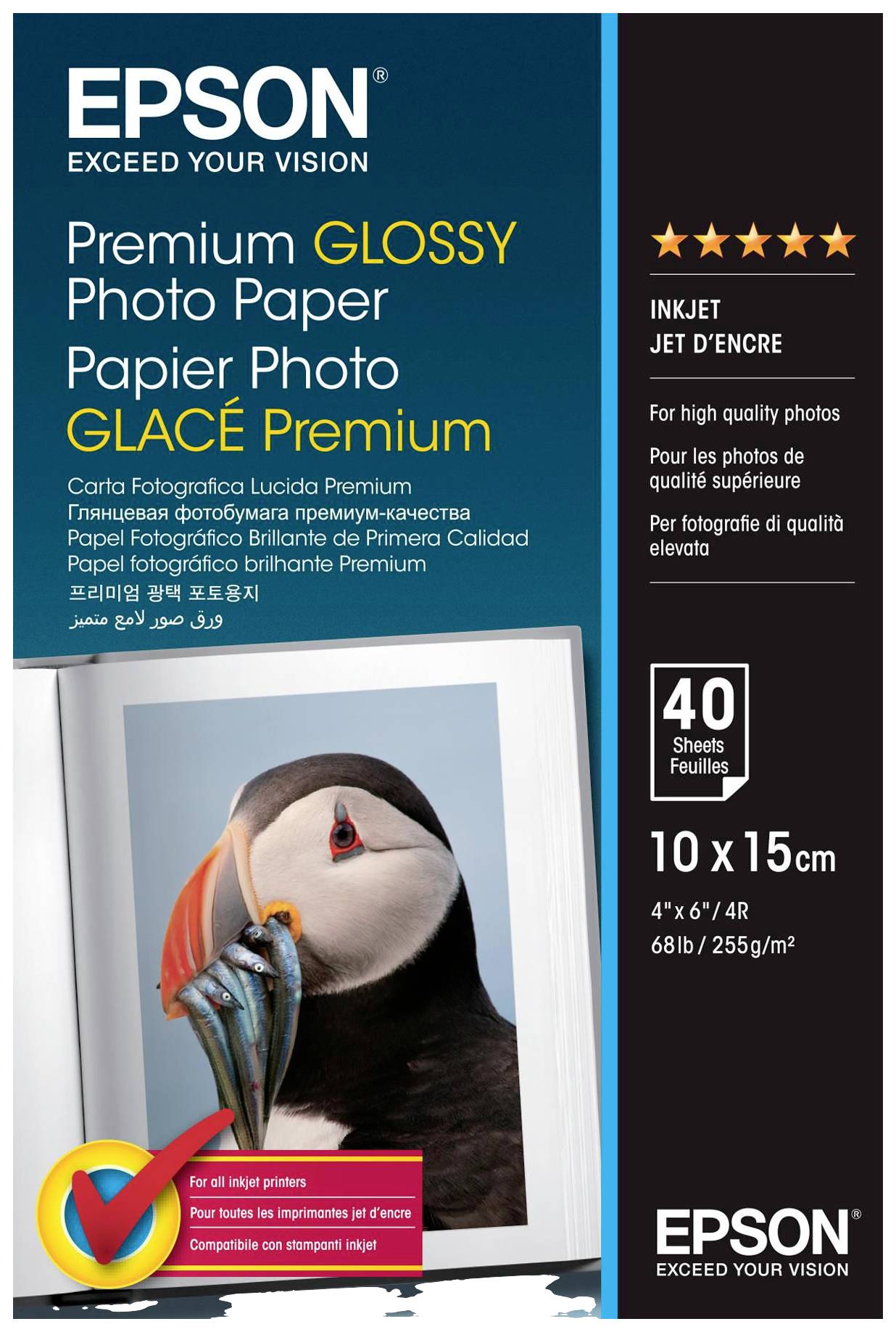 Packaging for Epson Photo Paper: Premium Glossy, 40 Sheets, 10x15 cm, Suitable for Inkjet Printers. Image of a Puffin.