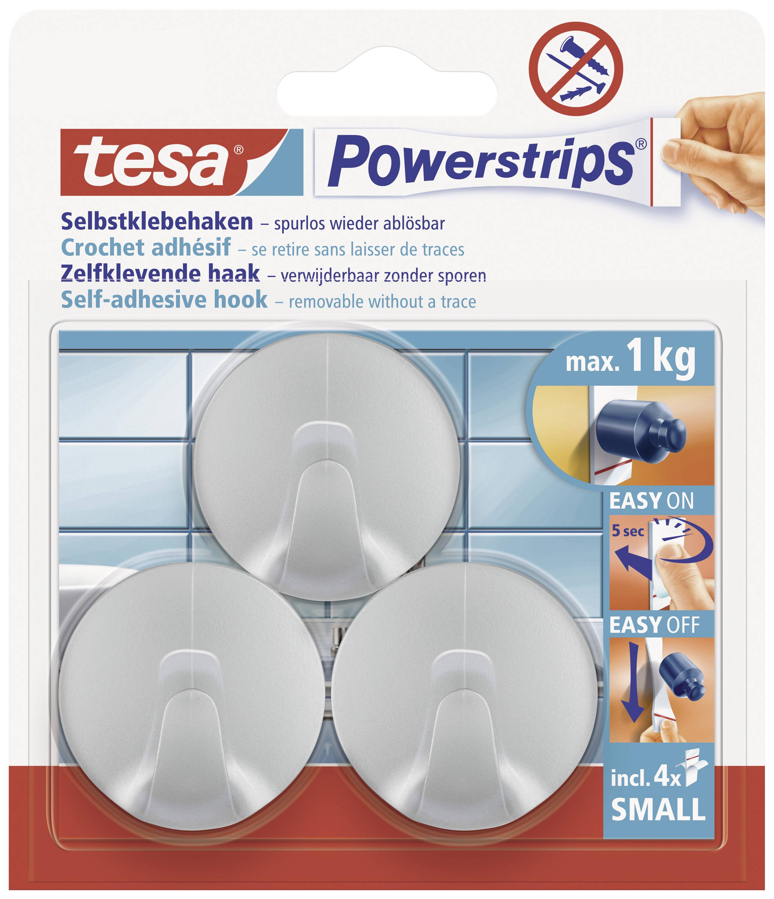 Tesa self-adhesive hook pack, maximum 1 kg load capacity, with four small hooks and Powerstrips, tool-free installation.