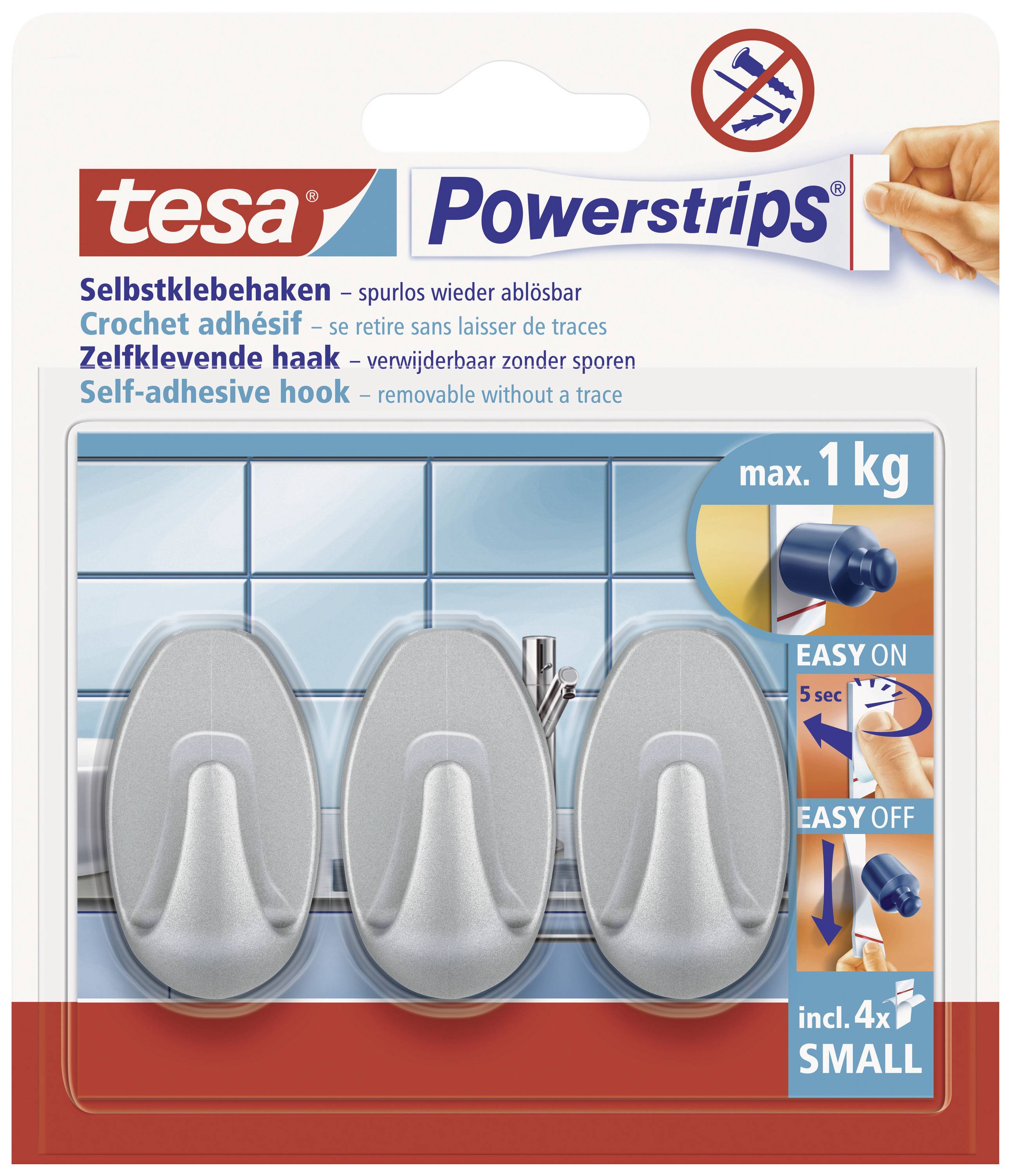 'tesa Powerstrips' packaging with three self-adhesive hooks, suitable for up to 1 kg. Includes instructions for easy application.