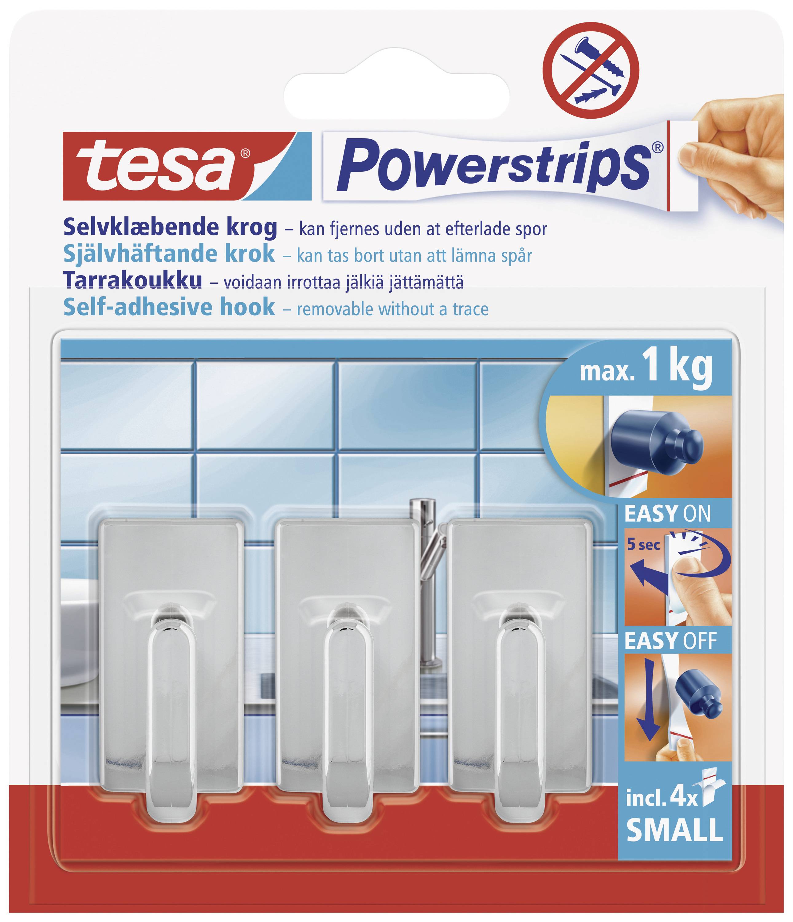A pack of three self-adhesive hooks by Tesa Powerstrips. Suitable for tiles, with a maximum load capacity of 1 kg.