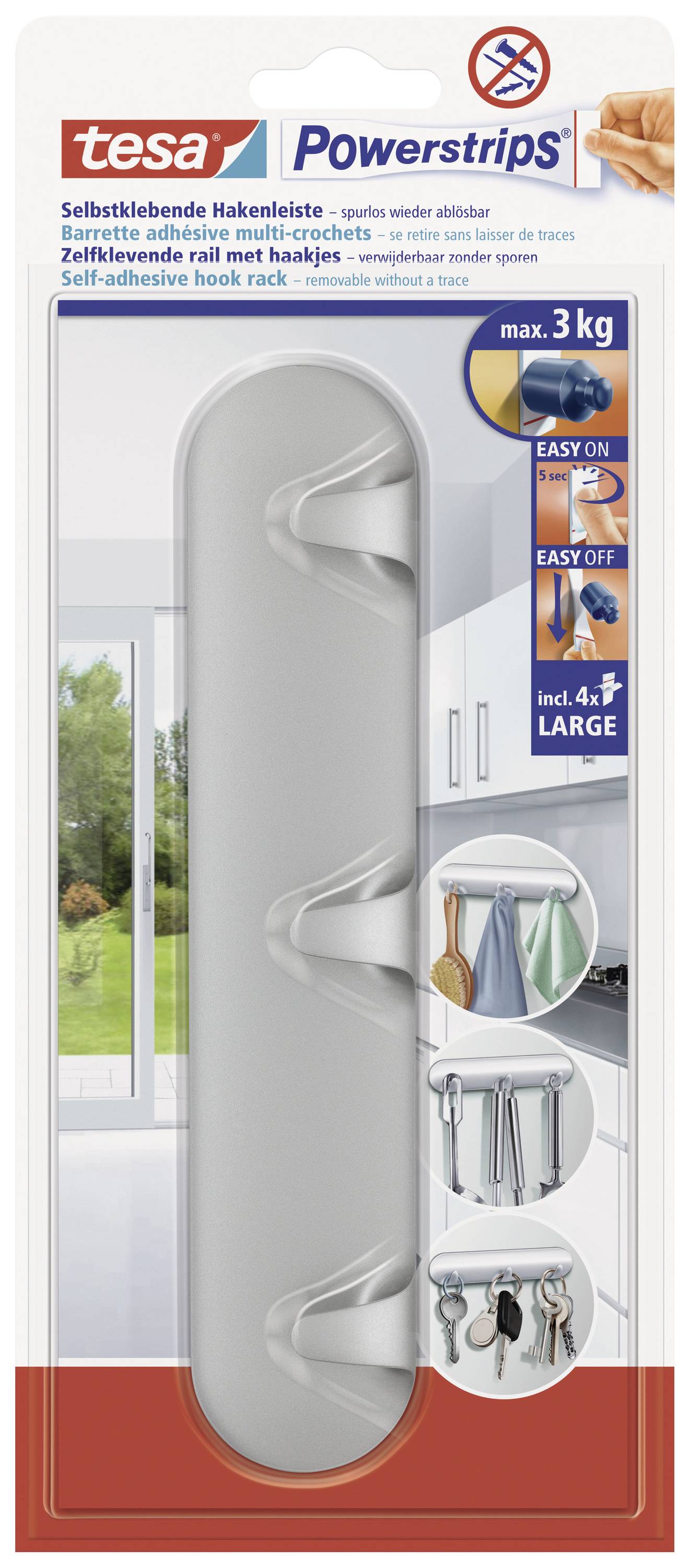 'Tesa Self-Adhesive Hook Rail', up to 3 kg load capacity, four hooks, easy to mount and remove, suitable for kitchen or bathroom.