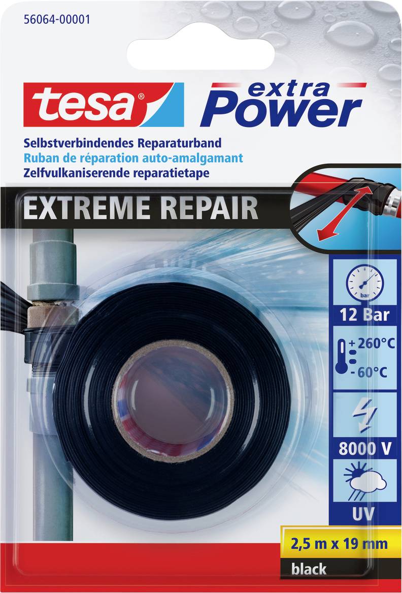 'Self-adhesive repair tape' packaging showing black tape roll with label 'Extreme Repair', pressure and temperature icons, and details in multiple languages.