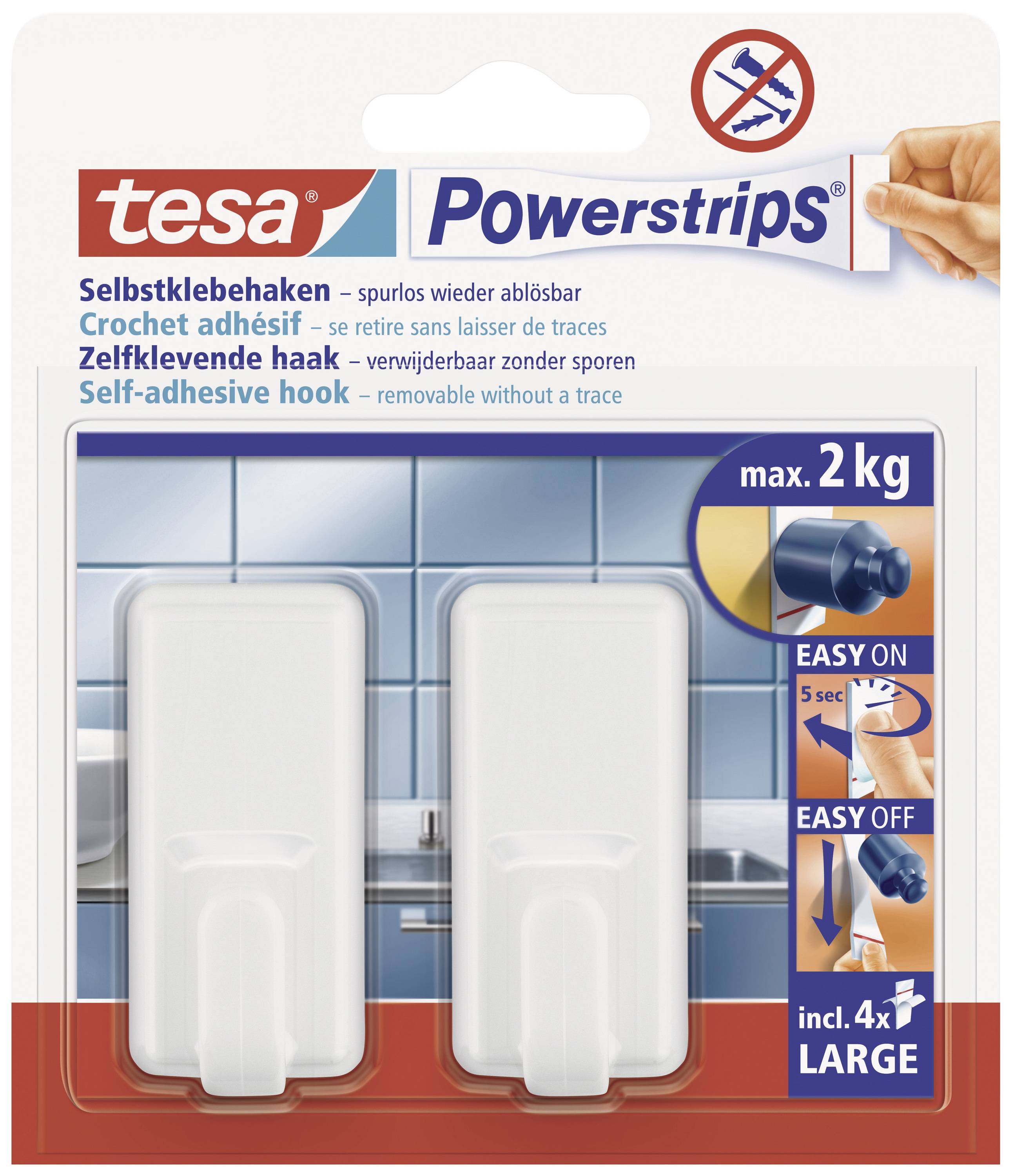 Packaging for Tesa Powerstrips Hooks, self-adhesive, removable, capable of supporting up to 2 kg. Contains two hooks, mounting instructions illustrated.