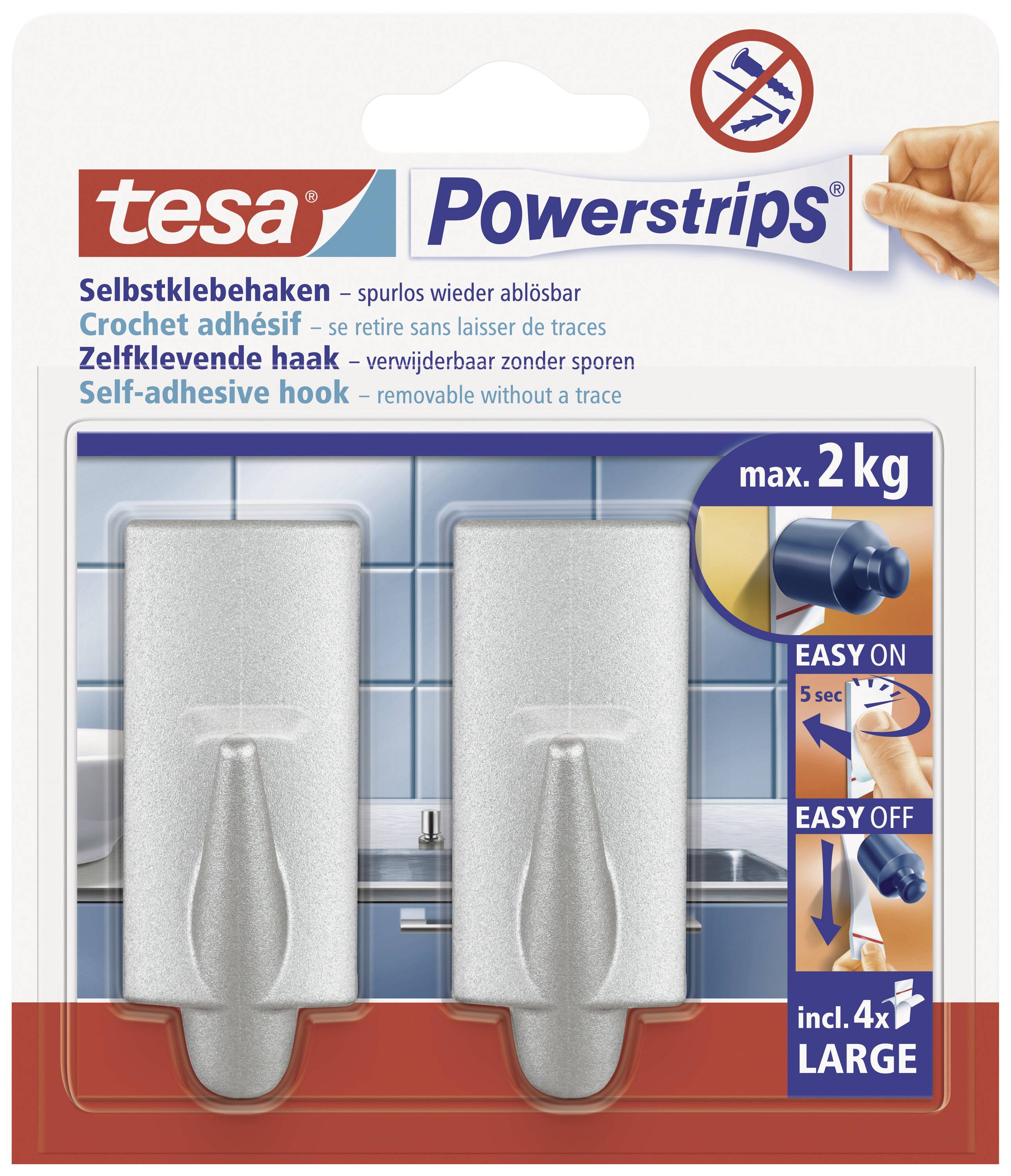 Packaging for Tesa Powerstrips, self-adhesive hooks, load-bearing up to a maximum of 2 kg, including 4 adhesive strips, easy to use.