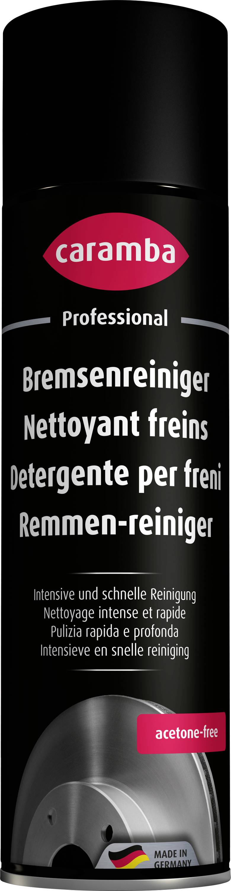 Black aerosol can of Caramba Professional brake cleaner, labeled 'Bremsenreiniger' with multilingual text and 'acetone-free' badge.