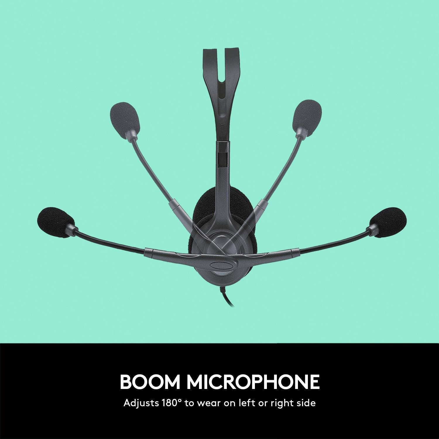 A headset with four microphone arms and ear cups in black. Top-down view, neutral background.