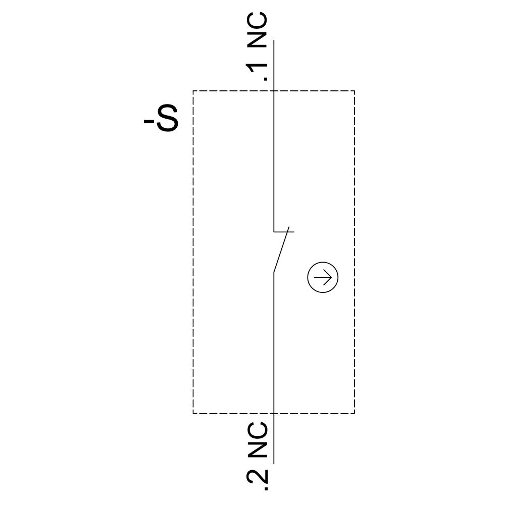 Electrical circuit diagram shows a switch '1 NC' at the top and '2 NC' at the bottom. An arrow points to the internal switching contact.