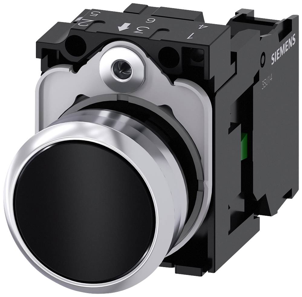 A round, black and silver Siemens switch module, viewed at an oblique angle from above, with labelling and control functions visible.