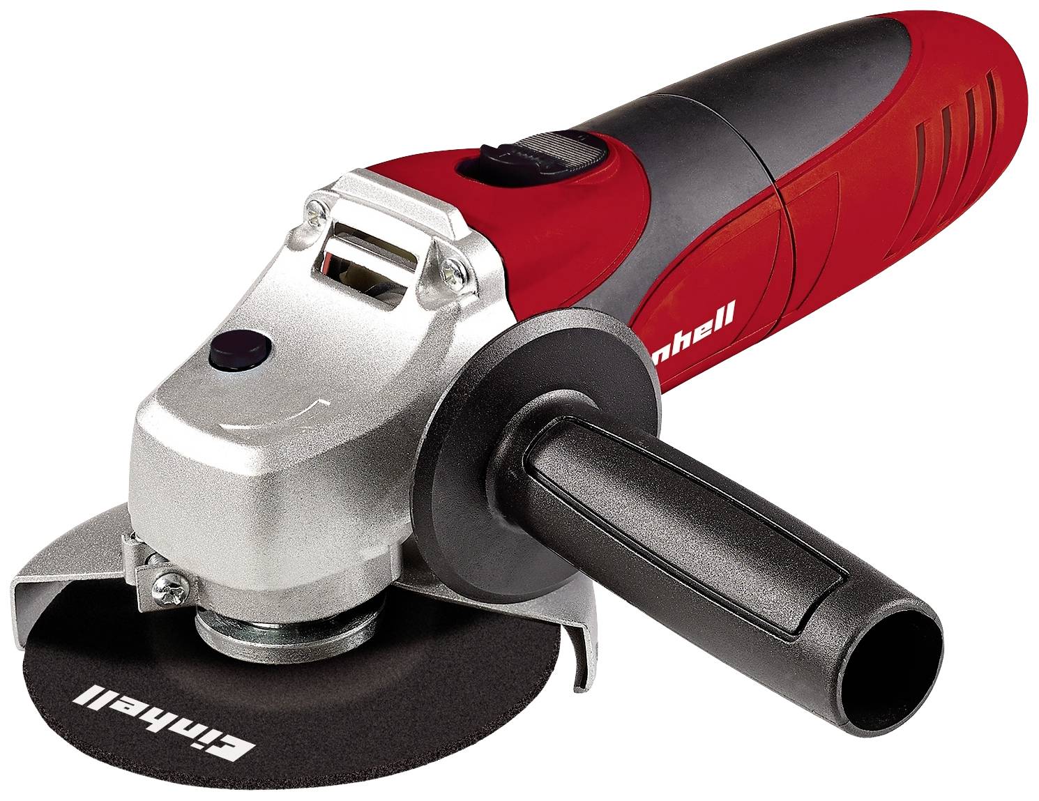 A red angle grinder with a black handle and black protective disc cover. Ideal for grinding and cutting work.