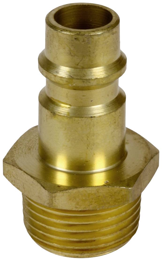 Brass threaded adapter with hexagonal head and ribbed hose connection. Used for connections in hydraulic systems.