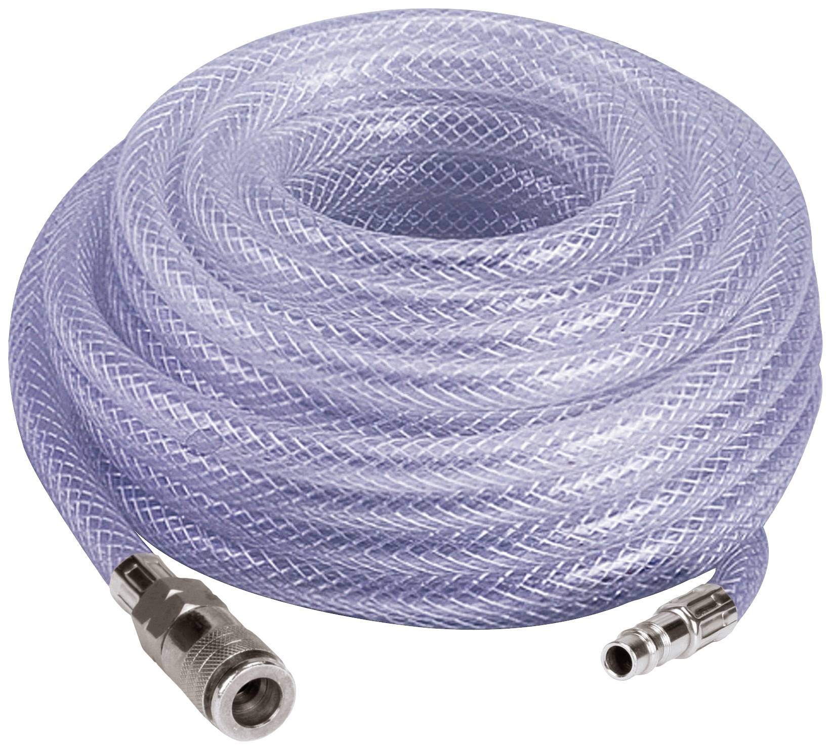A coiled, transparent plastic tube with metal connectors at both ends. Ideal for water or air transport.