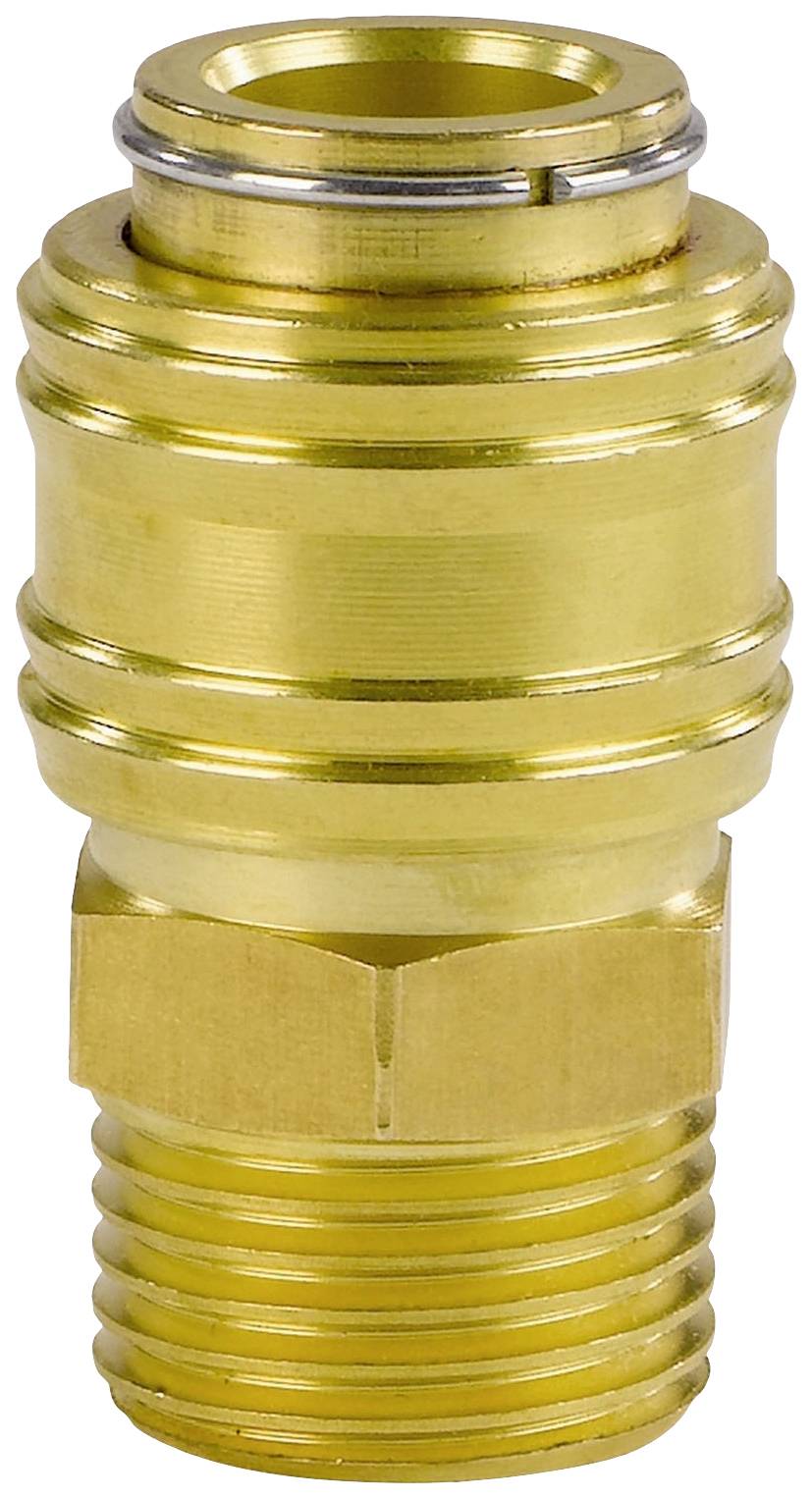 A brass quick-connect air coupling for pneumatic systems, cylindrically shaped with multiple grooves, bright and sturdy.