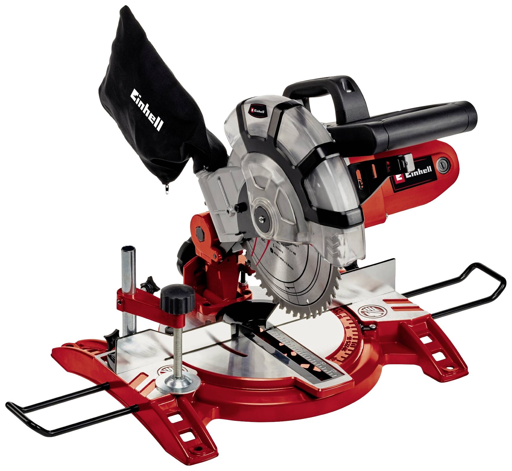 A red circular saw with a silver saw blade and black handle. The saw is mounted on an adjustable table.
