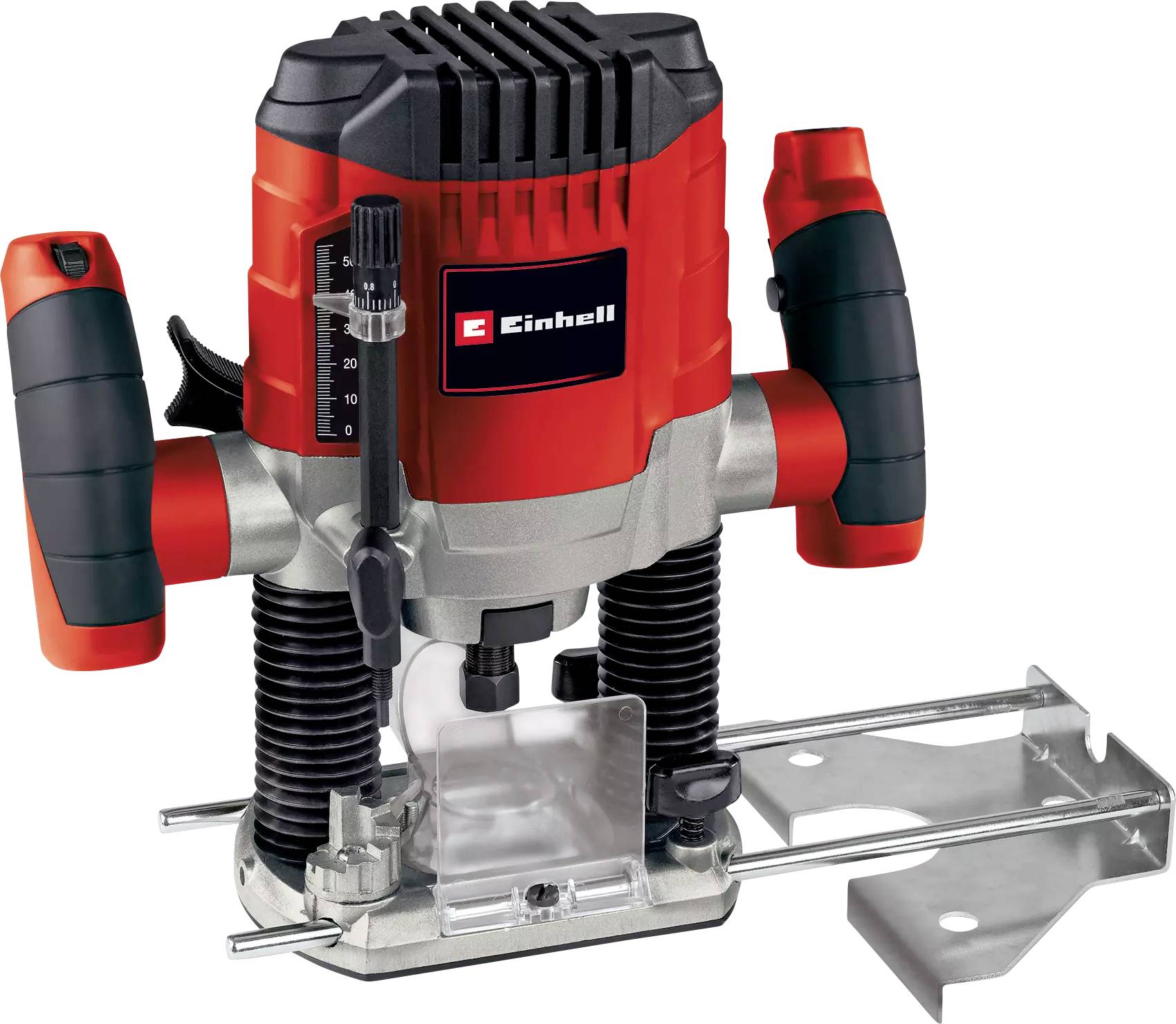 Router with depth adjustment indicator and red handles, Einhell brand. Used for woodworking and routing.