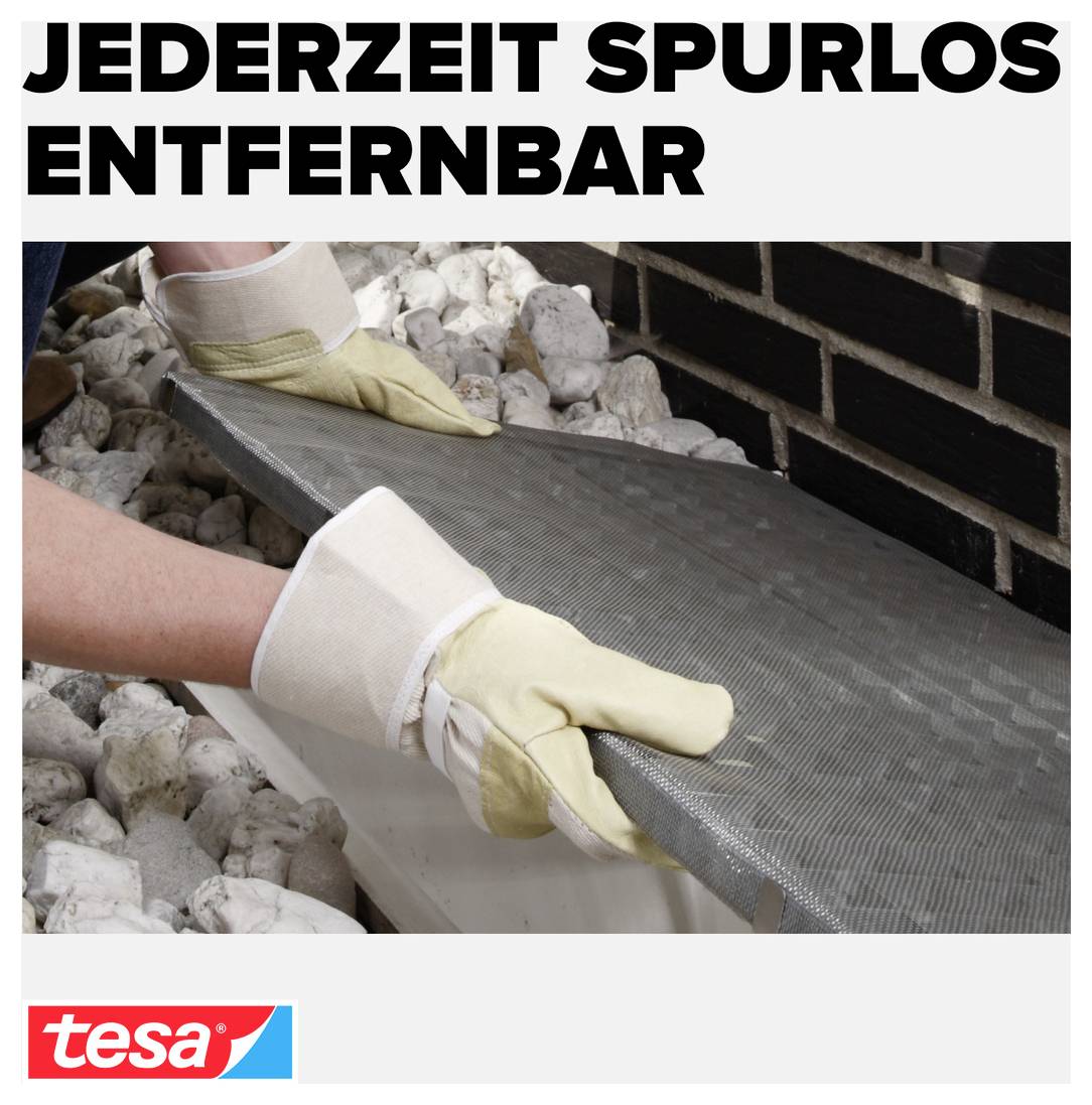 Advertising text 'ALWAYS REMOVES WITHOUT LEAVING A TRACE' above a photograph of gloves removing adhesive tape from a surface; tesa logo at the bottom.