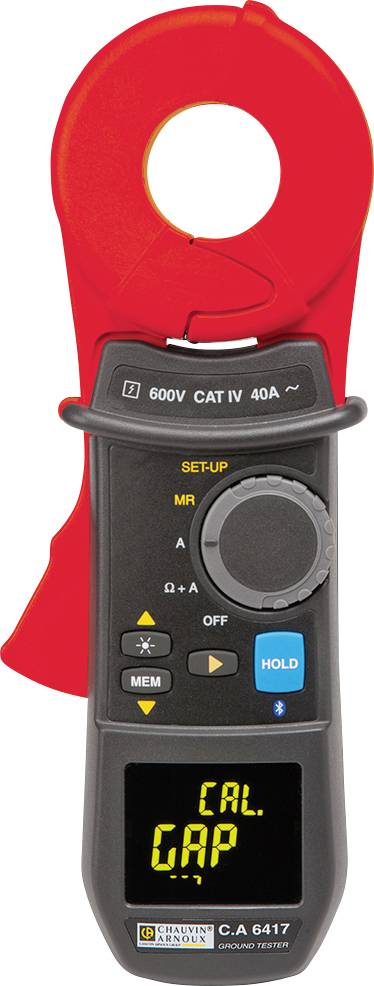 A digital electrical current meter with a red clamp, display showing 'CAL GAP'; suitable for current measurements up to 40A.