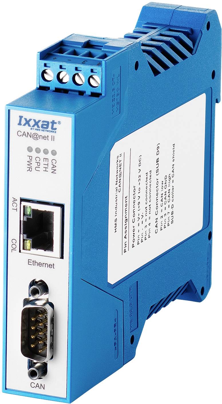 A blue CAN@net II device with Ethernet and CAN connections, used for network communication in industrial applications.