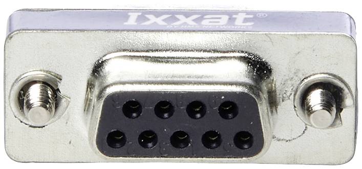 A silver electronic connection plug with nine round holes, with the brand name 'Ixxat' visible on top.