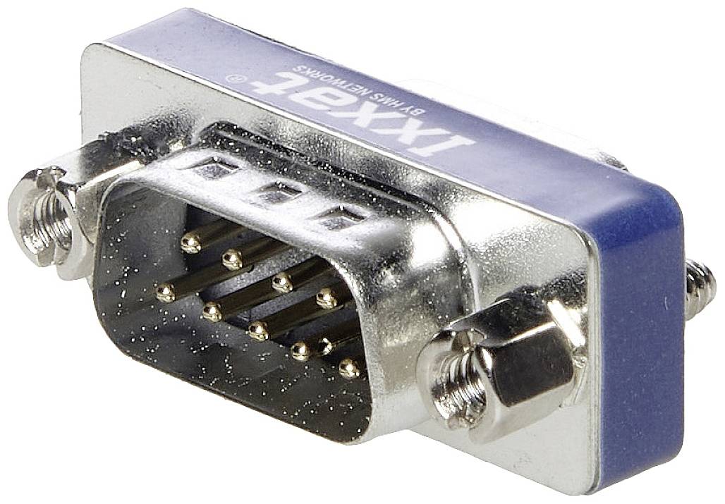 Close-up of a blue and silver VGA connector with multiple connection pins, suitable for video transmission to monitors.