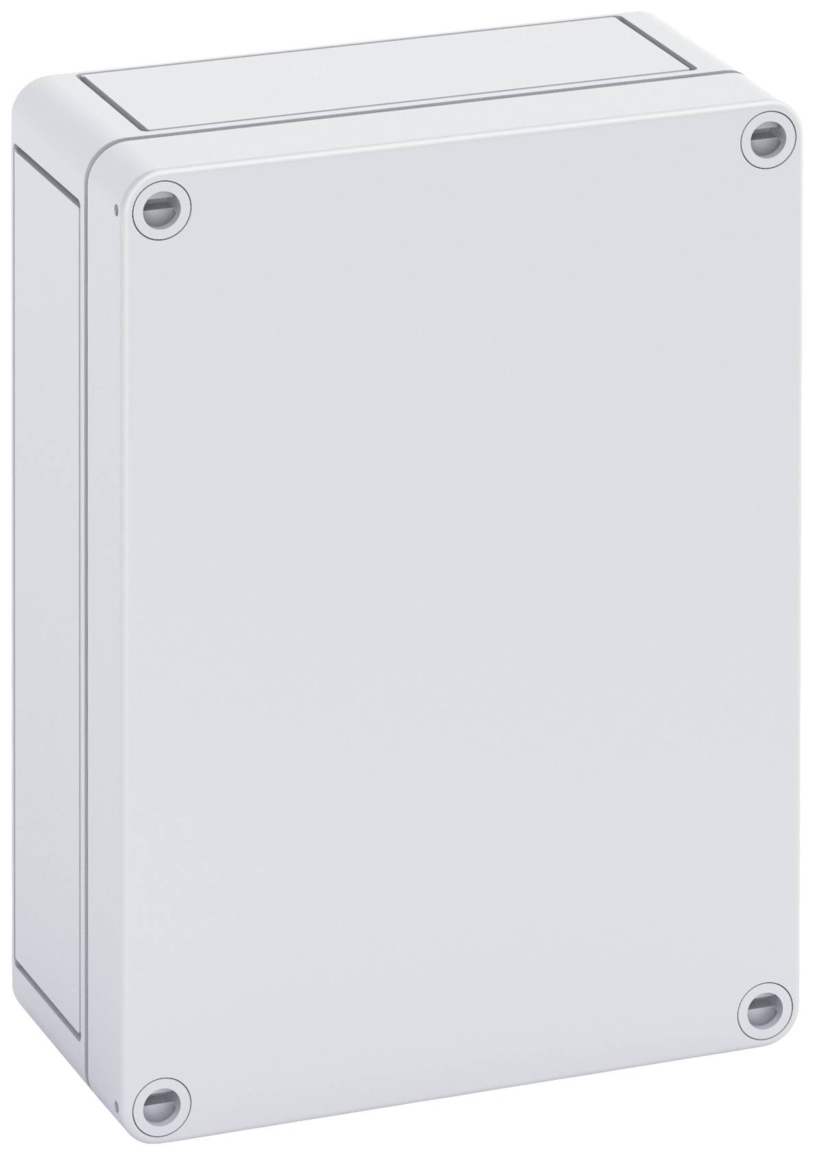 Rectangular, grey enclosure with rounded edges and four screws at the corners. It is likely used as a protective cover for electrical components.