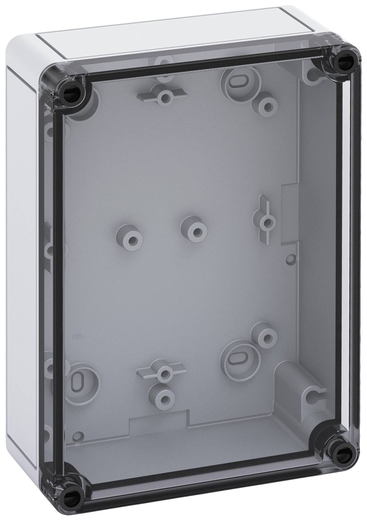 Grey rectangular enclosure with a transparent lid, suitable for wall mounting, showing internal mounting points for electronic components.