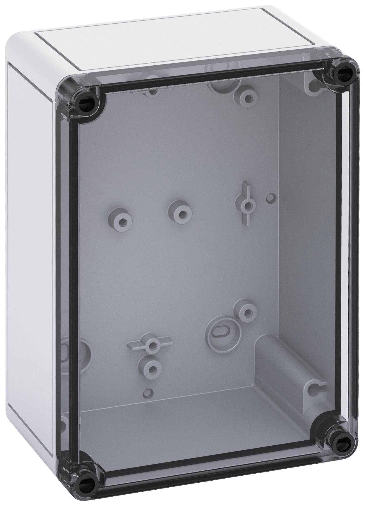 Empty grey plastic housing box with transparent cover, suitable for electrical installations, rectangular shape.