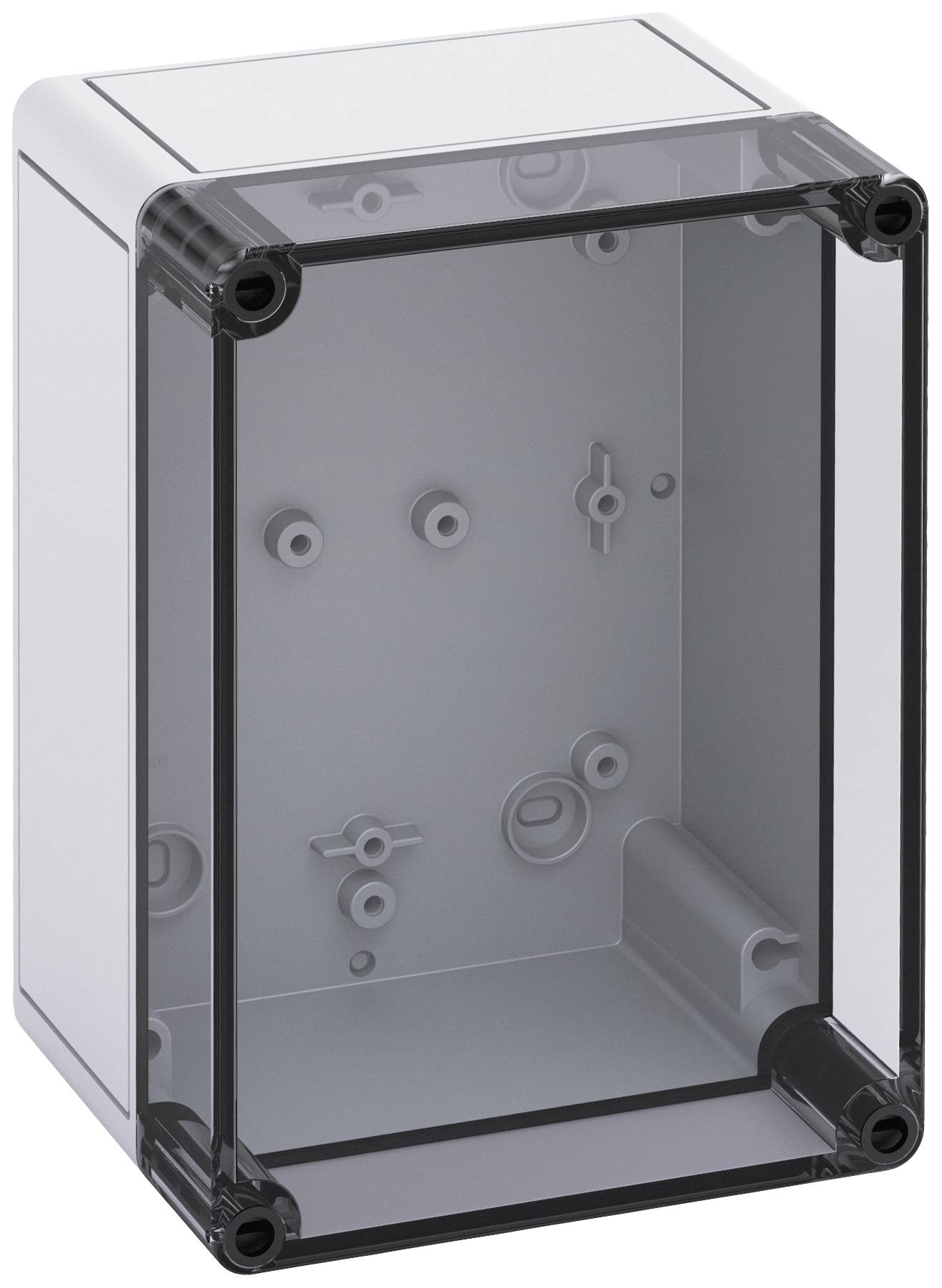 Grey, rectangular plastic box with a transparent lid and multiple mounting options on the inner walls.