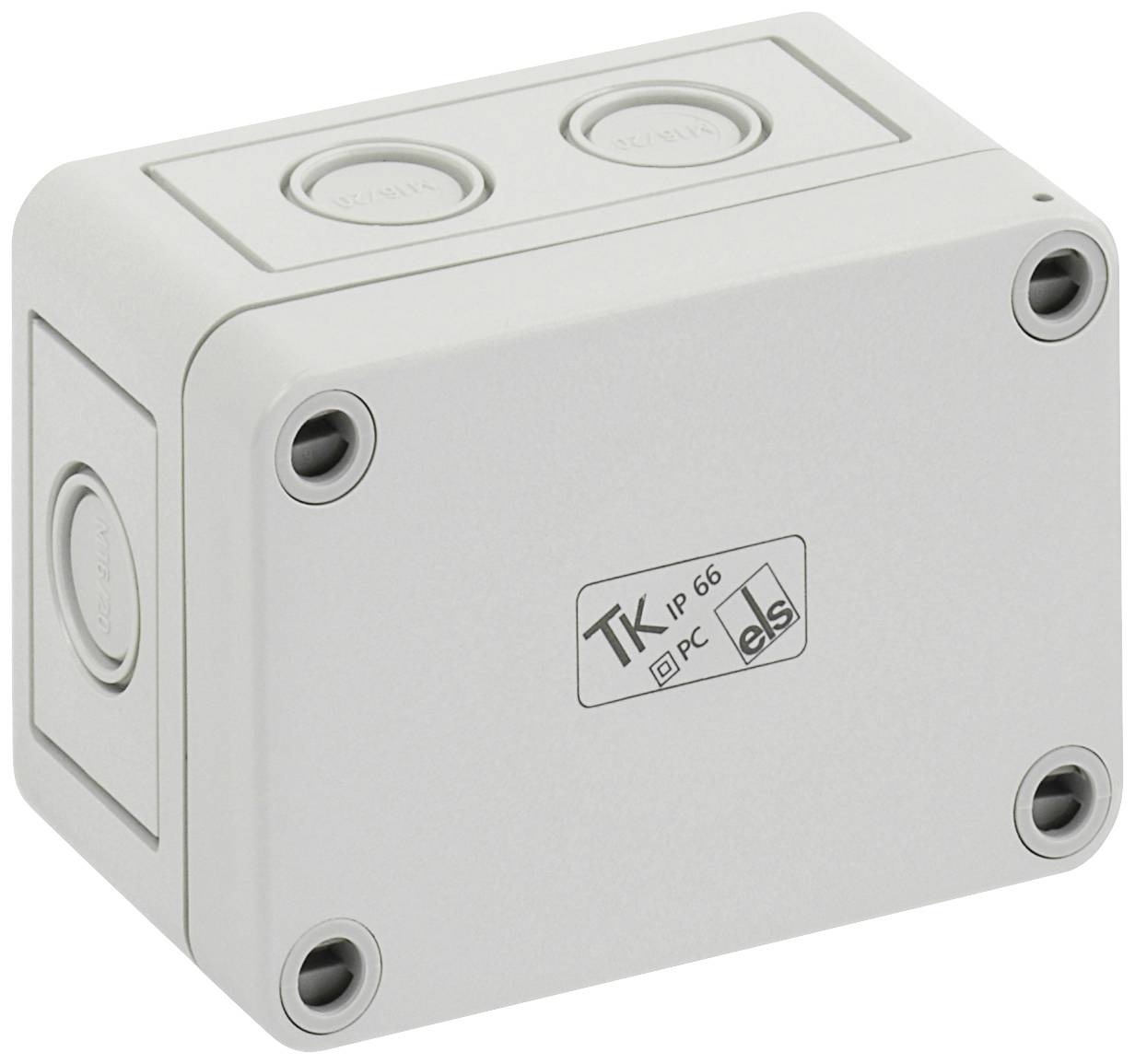 A rectangular, grey junction box with multiple screws and seals. It has an IP66 certification for water resistance.