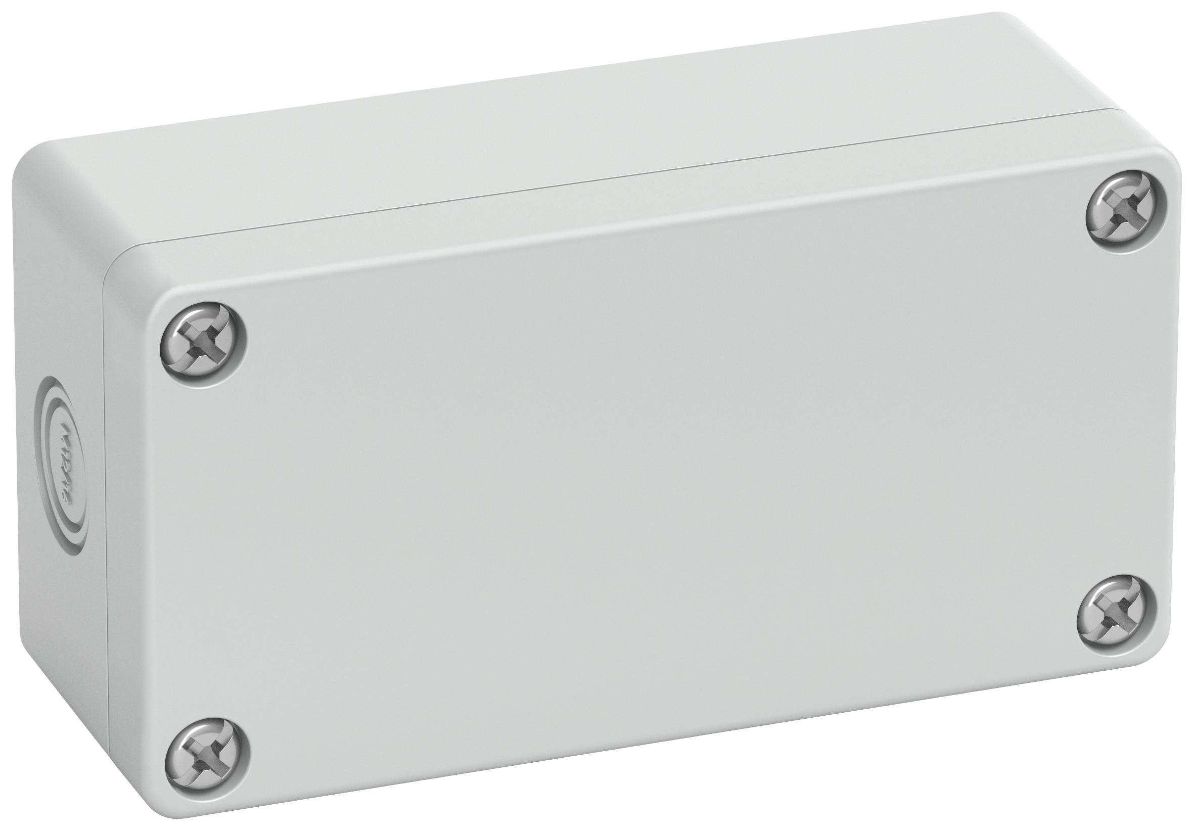 Rectangular, grey plastic enclosure with four screws in the corners. Suitable for protecting electronic components.