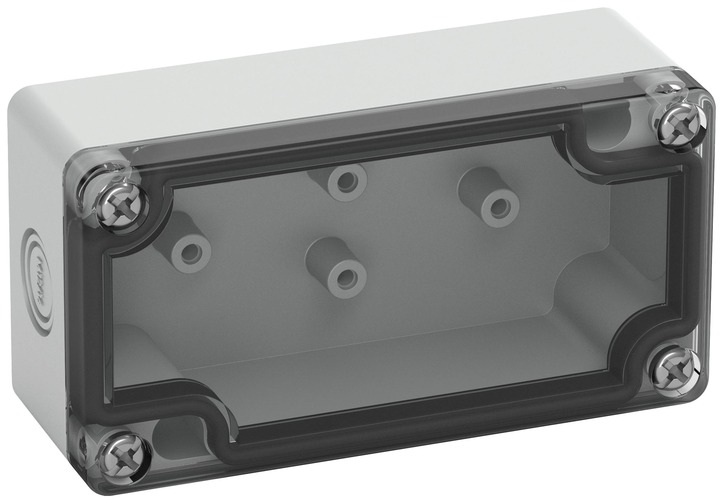 Rectangular grey plastic box with a transparent cover, four visible mounting screws at the corners.