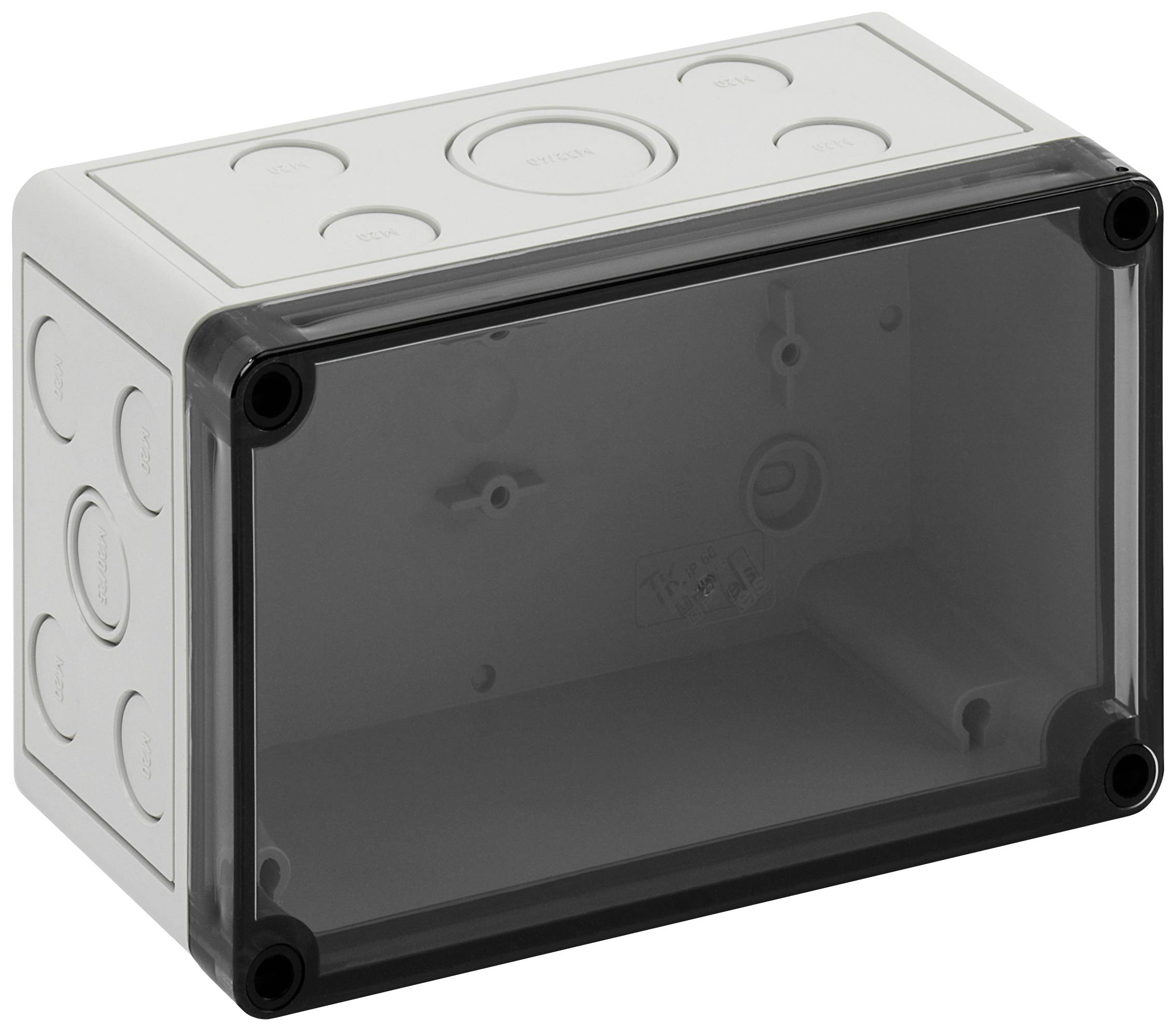 Electrical distribution board with a transparent cover and multiple round cable entry points on the side walls.