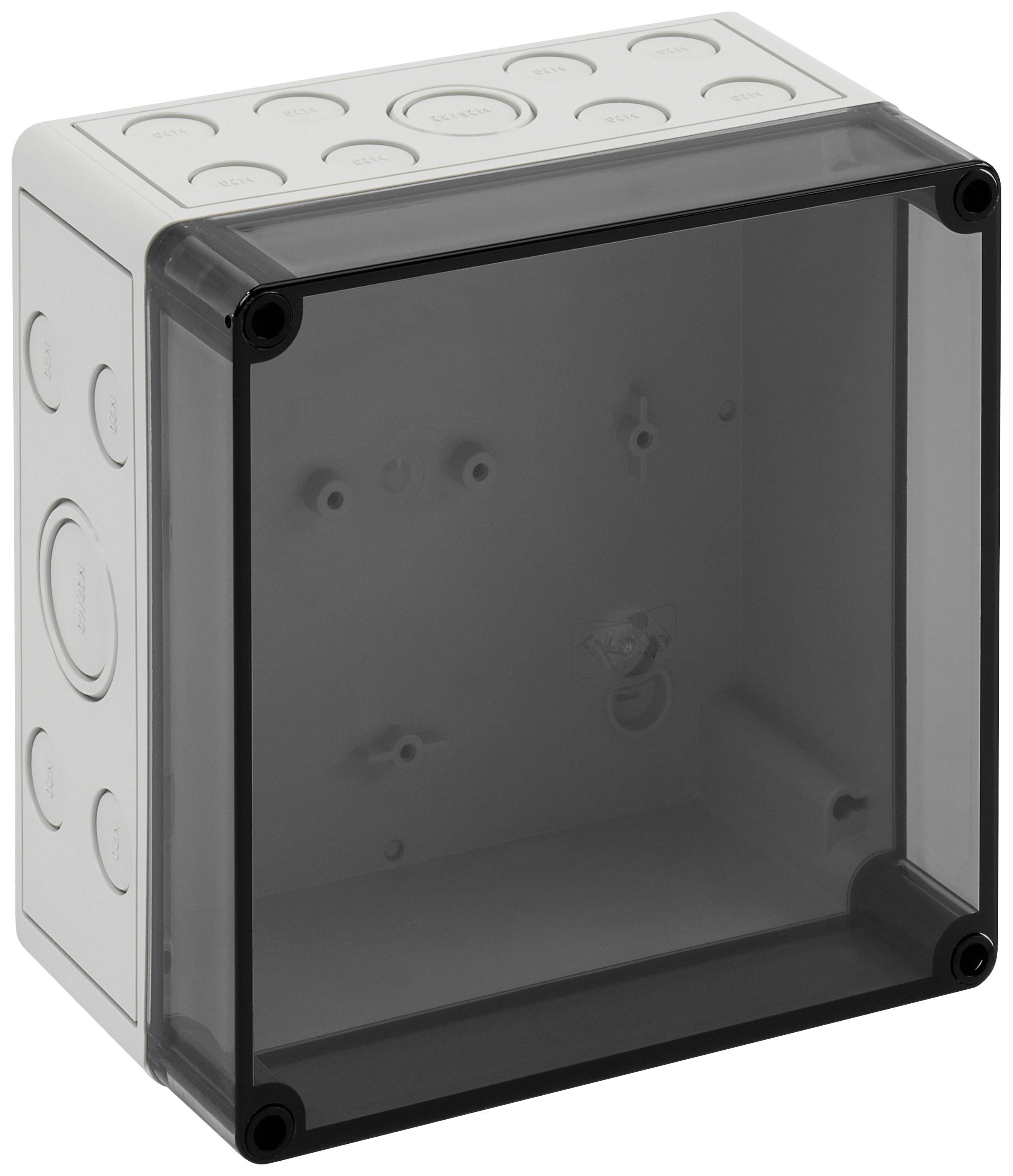 Grey, square casing with a transparent lid and multiple round knock-out openings on the sides and top surface.