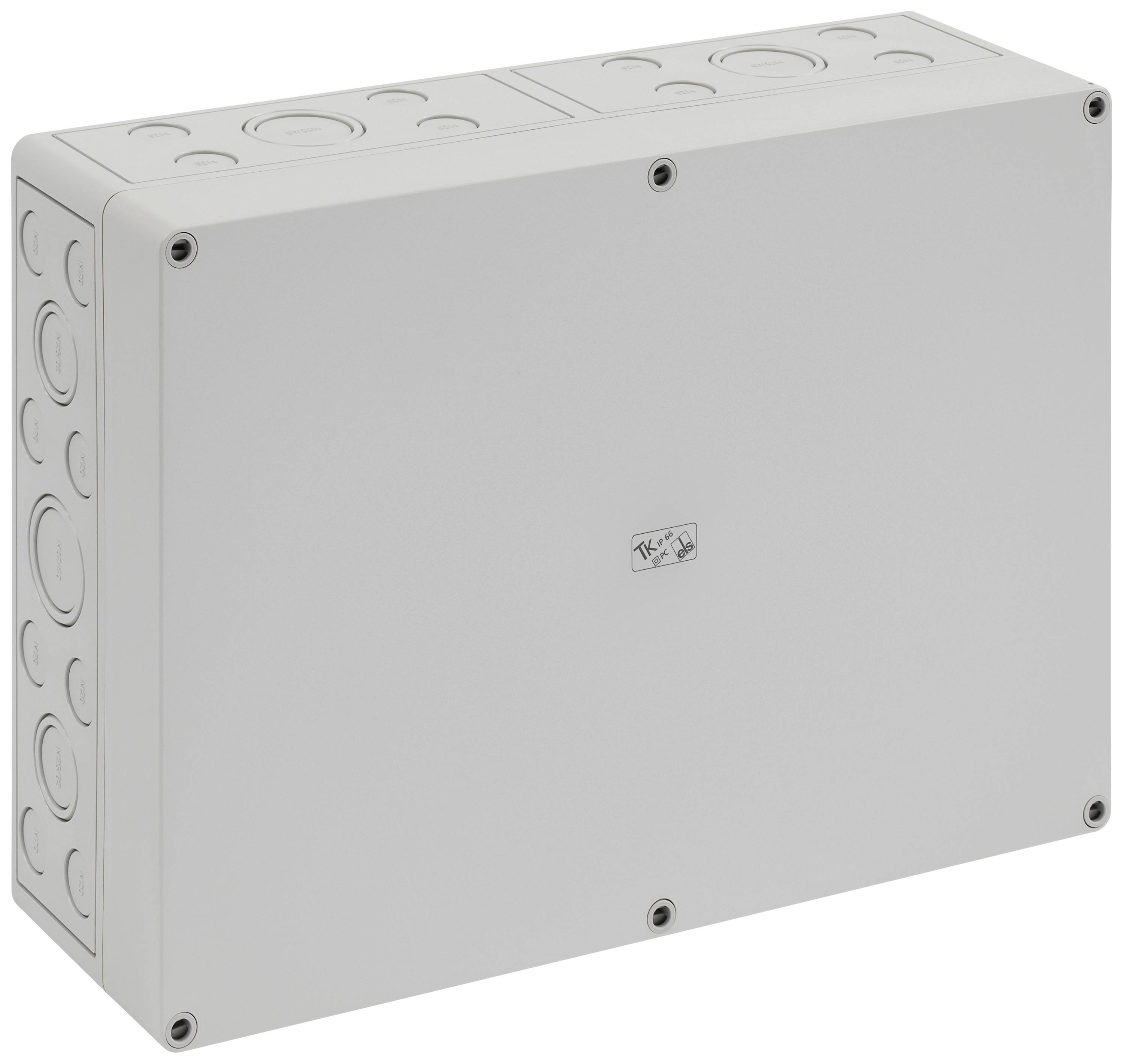 A rectangular, grey distribution box with rounded corners and several round connection openings on its sides.