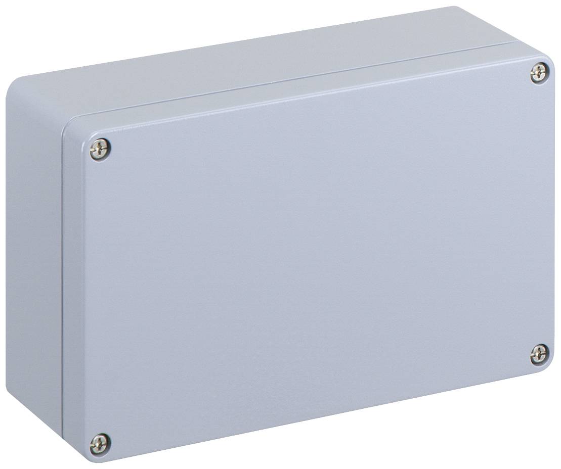 Grey, rectangular electrical enclosure with four screws in the corners.